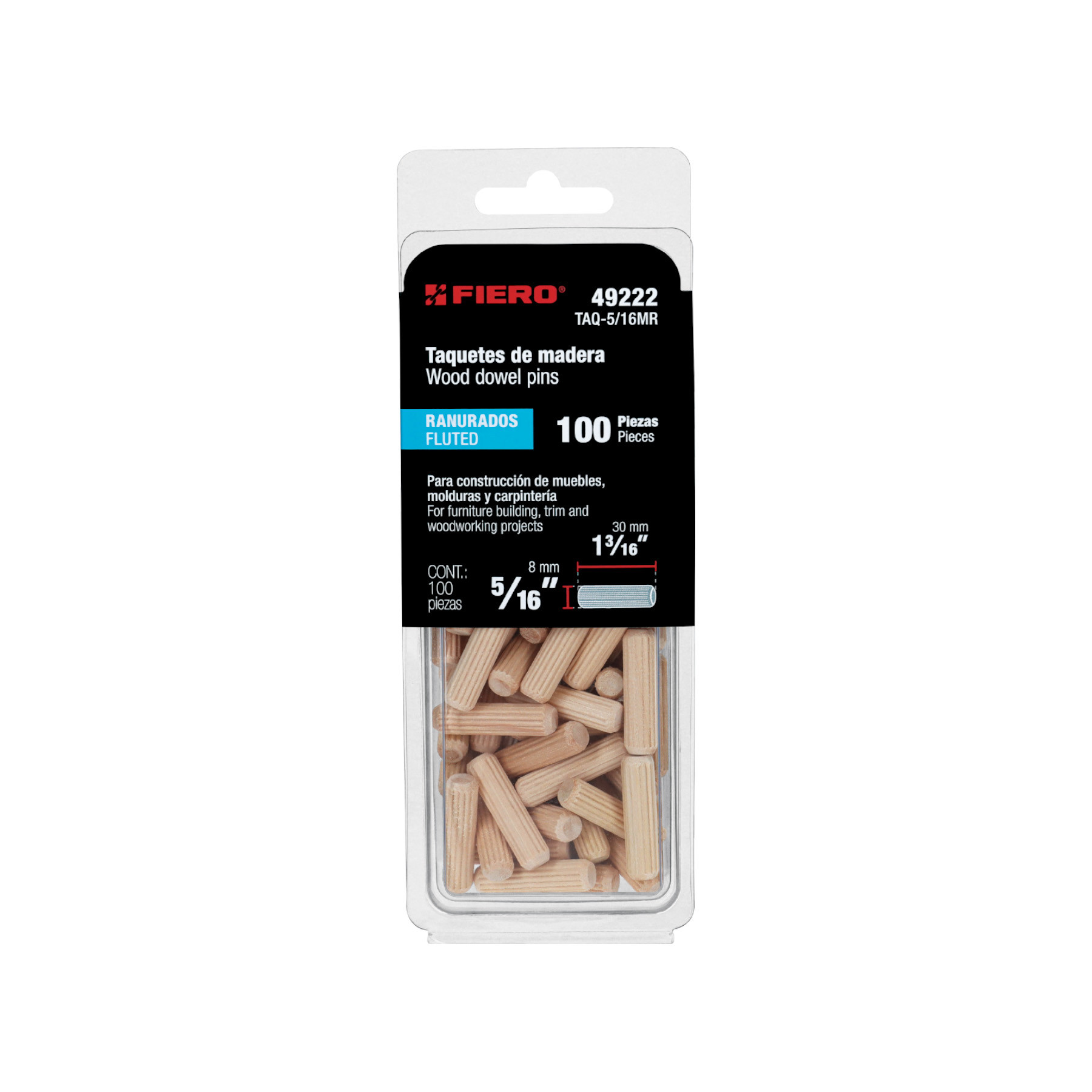 Blíster con 100 taquetes de madera ranurado 5/16", FIERO