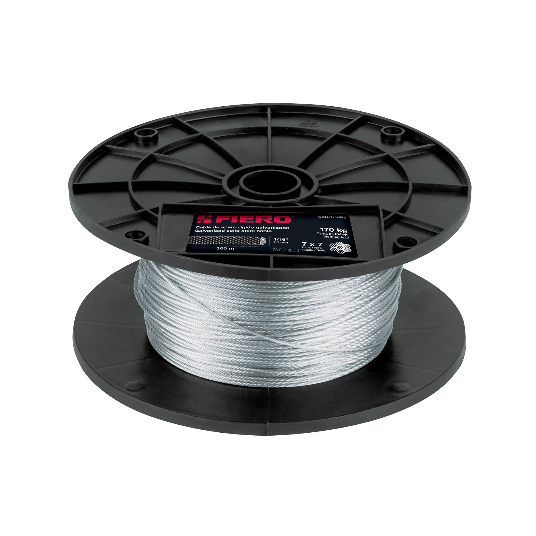 Metro de cable rígido 1/16" de acero 7x7 hilos, 300 m, FIERO
