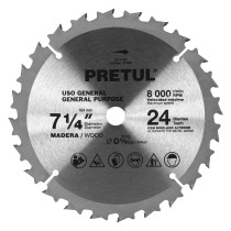 Disco sierra 7-1/4" p/madera, 24 dientes centro 5/8", PRETUL