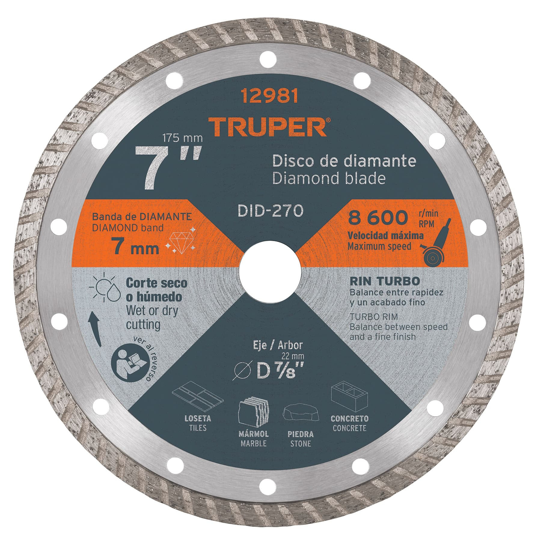 Disco de diamante de 7" x 2.8 mm, rin turbo, TRUPER