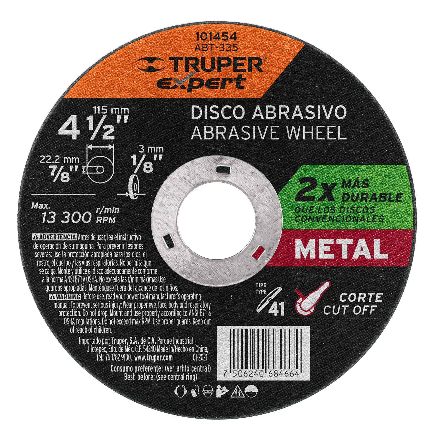 Disco para corte de metal 4-1/2" tipo 41, TRUPER EXPERT
