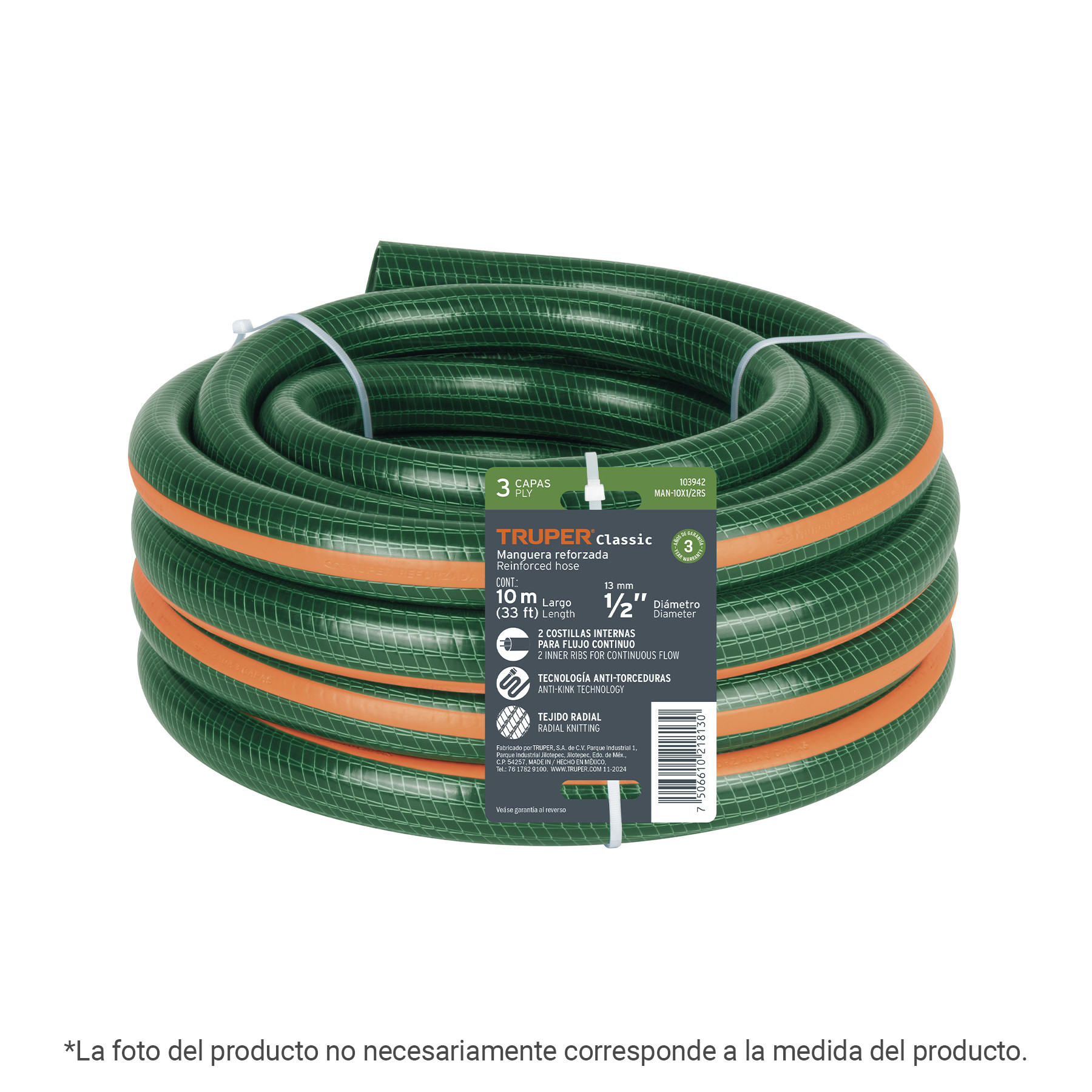 Manguera de jardín 5/8", 3 capas, 6m, sin conexiones, TRUPER
