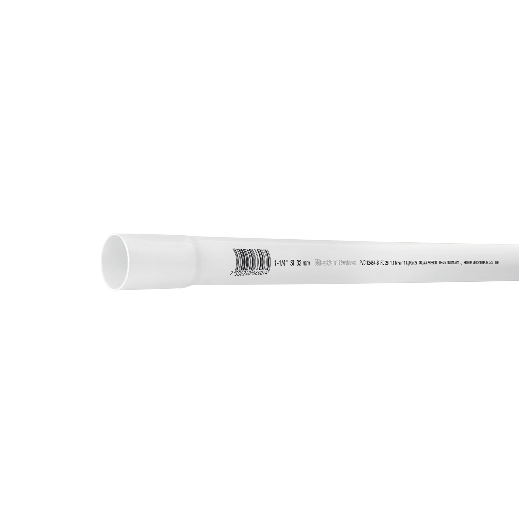 Tubo de 1-1/4" PVC hidráulico RD 26, 3m, 0.9kg, FOSET