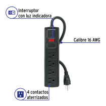 Multicontacto doméstico con 4 entradas, negro, VOLTECK