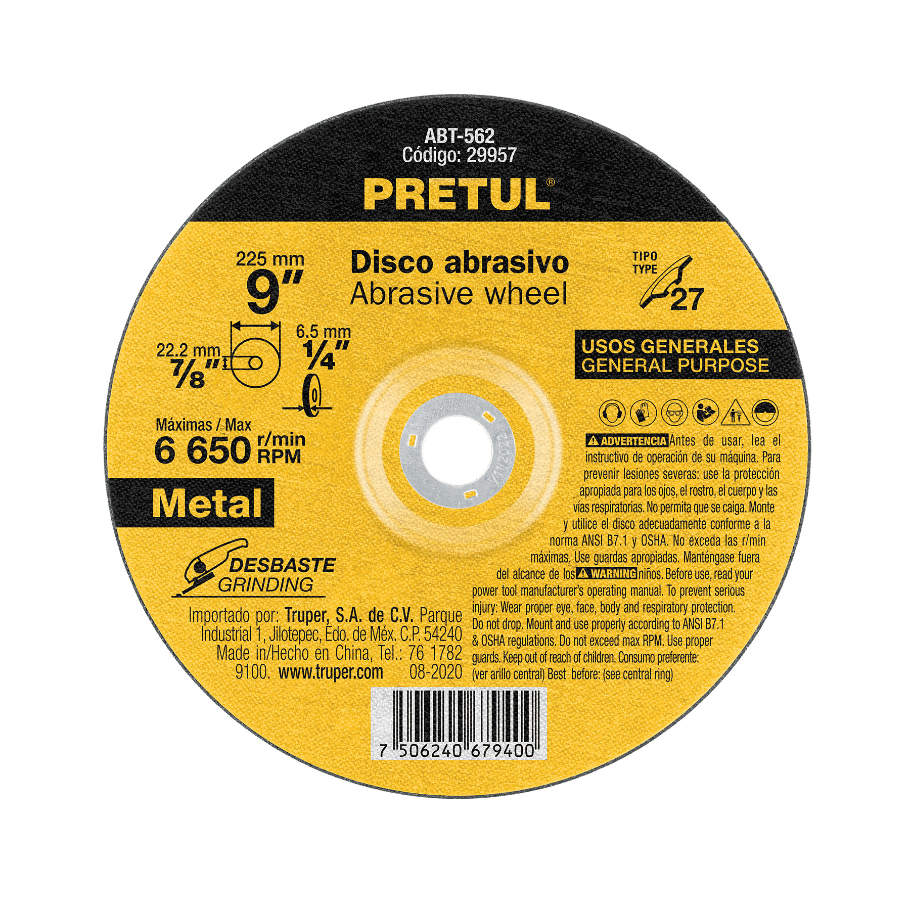 Disco Tipo 27 de 9" x 6.2 mm desbaste de metal, PRETUL