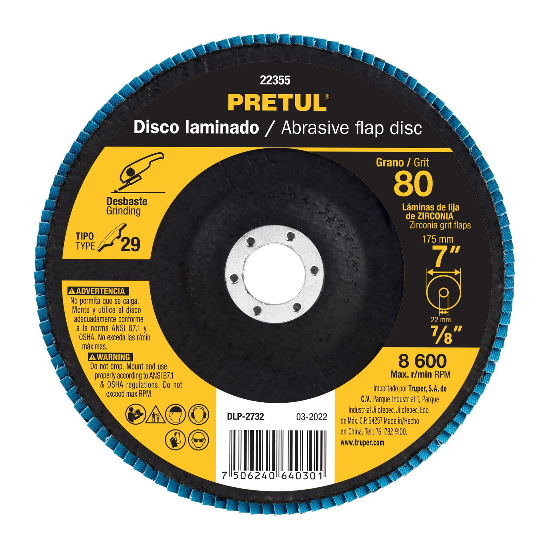 Disco laminado 7", grano 80 centro 7/8", fibra, PRETUL