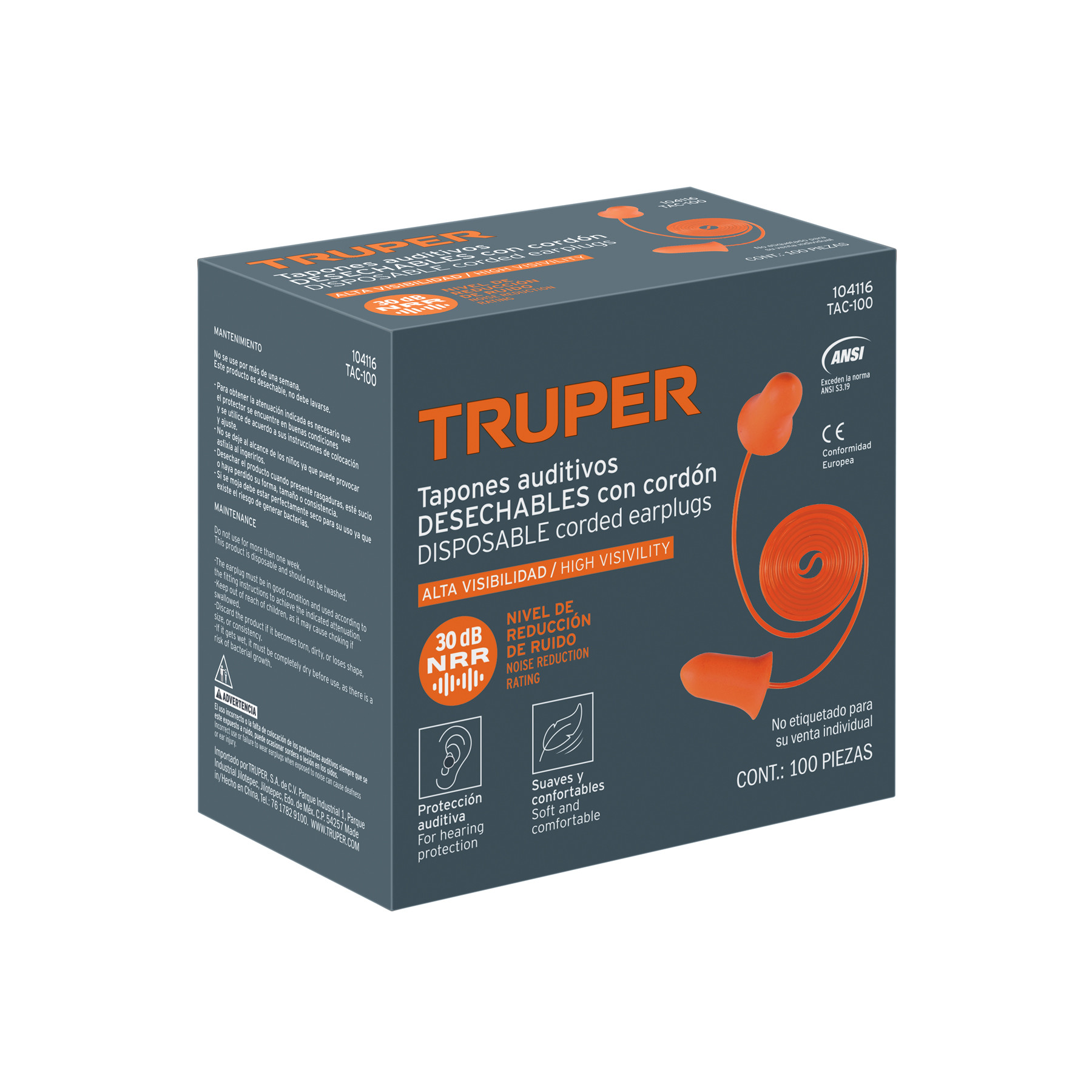 Tapón auditivo desechable con cordón, caja 100 pz