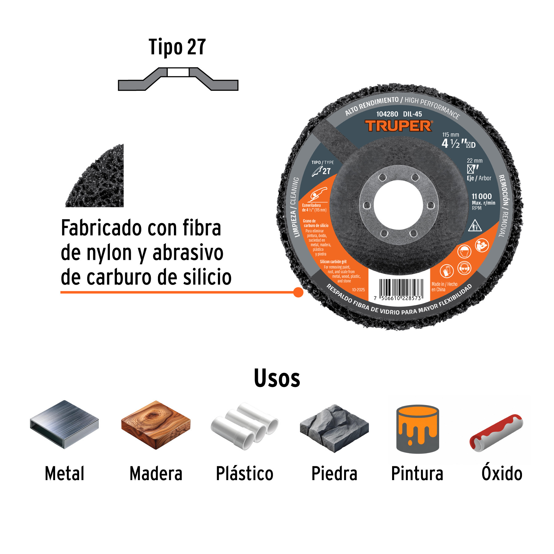 Disco removedor / limpieza 4-1/2" centro 7/8", TRUPER