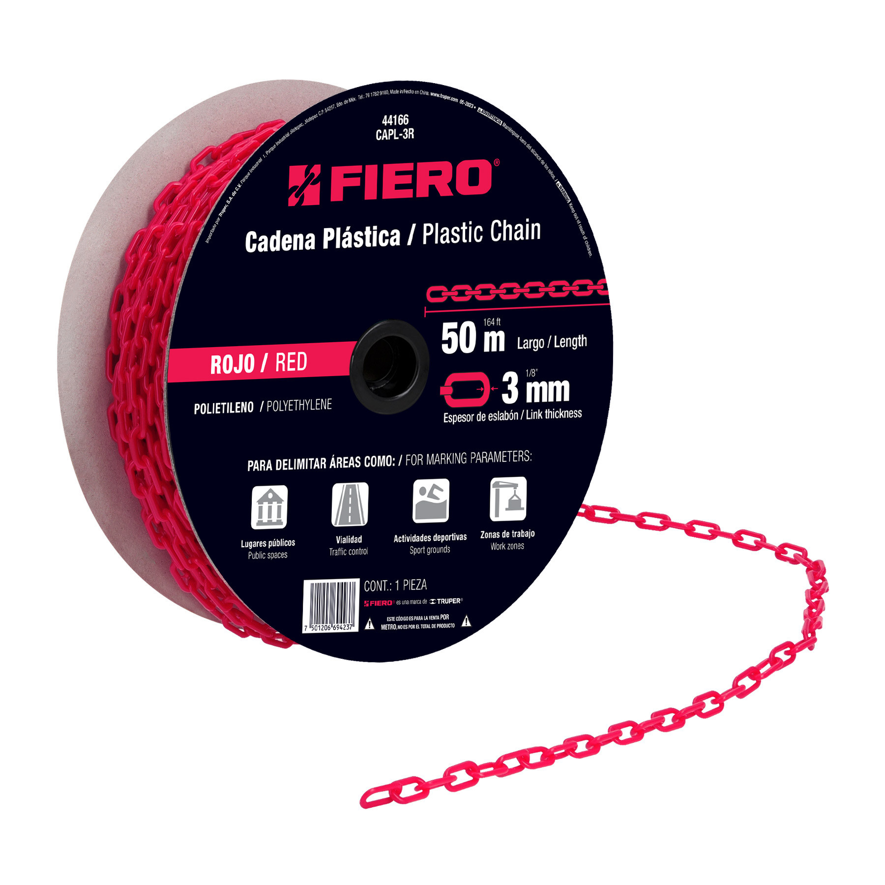 Metro de cadena de 3 mm de plástico roja, carrete de 50 m