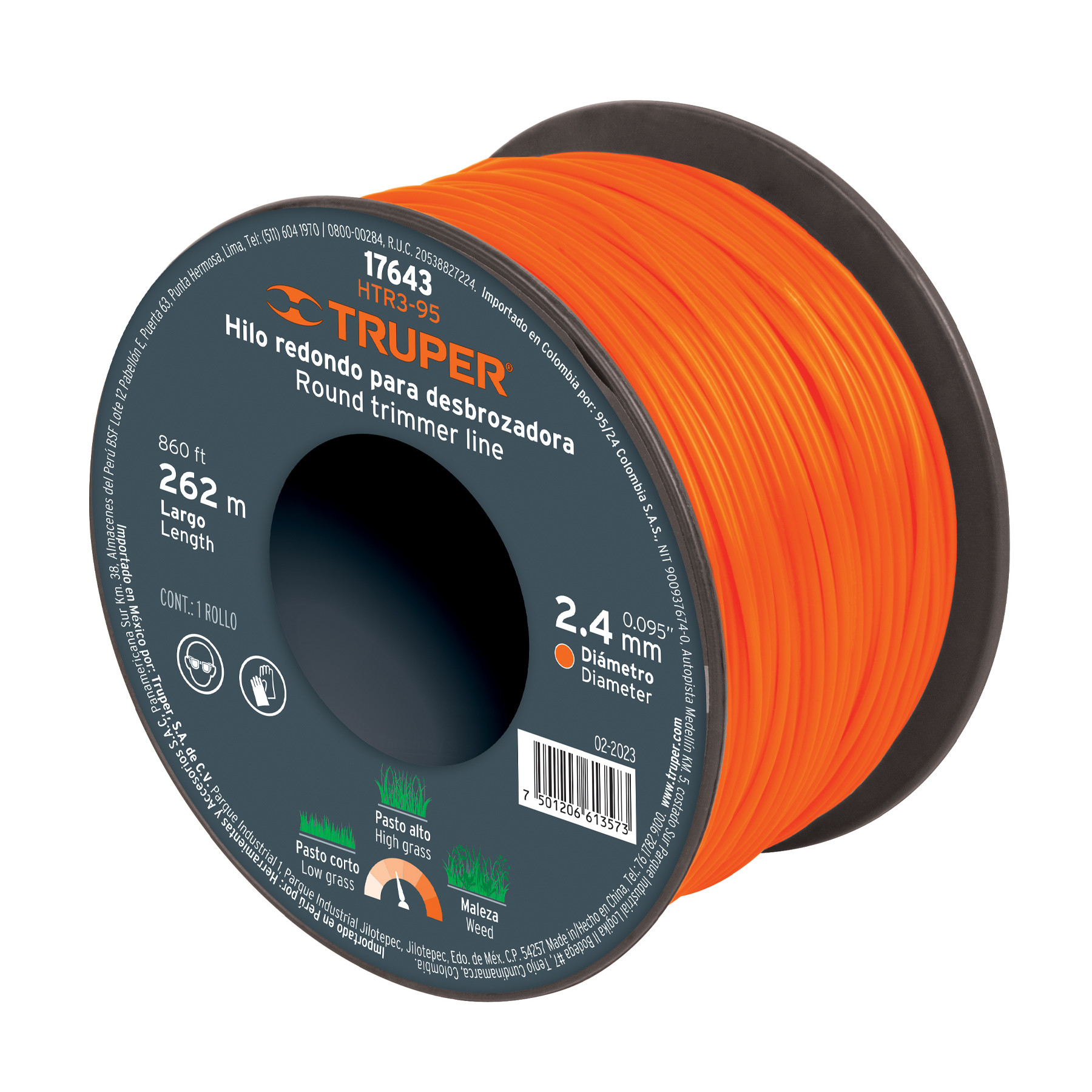 Hilo redondo, para desbrozadora, 2.4mm x 262m,carrete,TRUPER