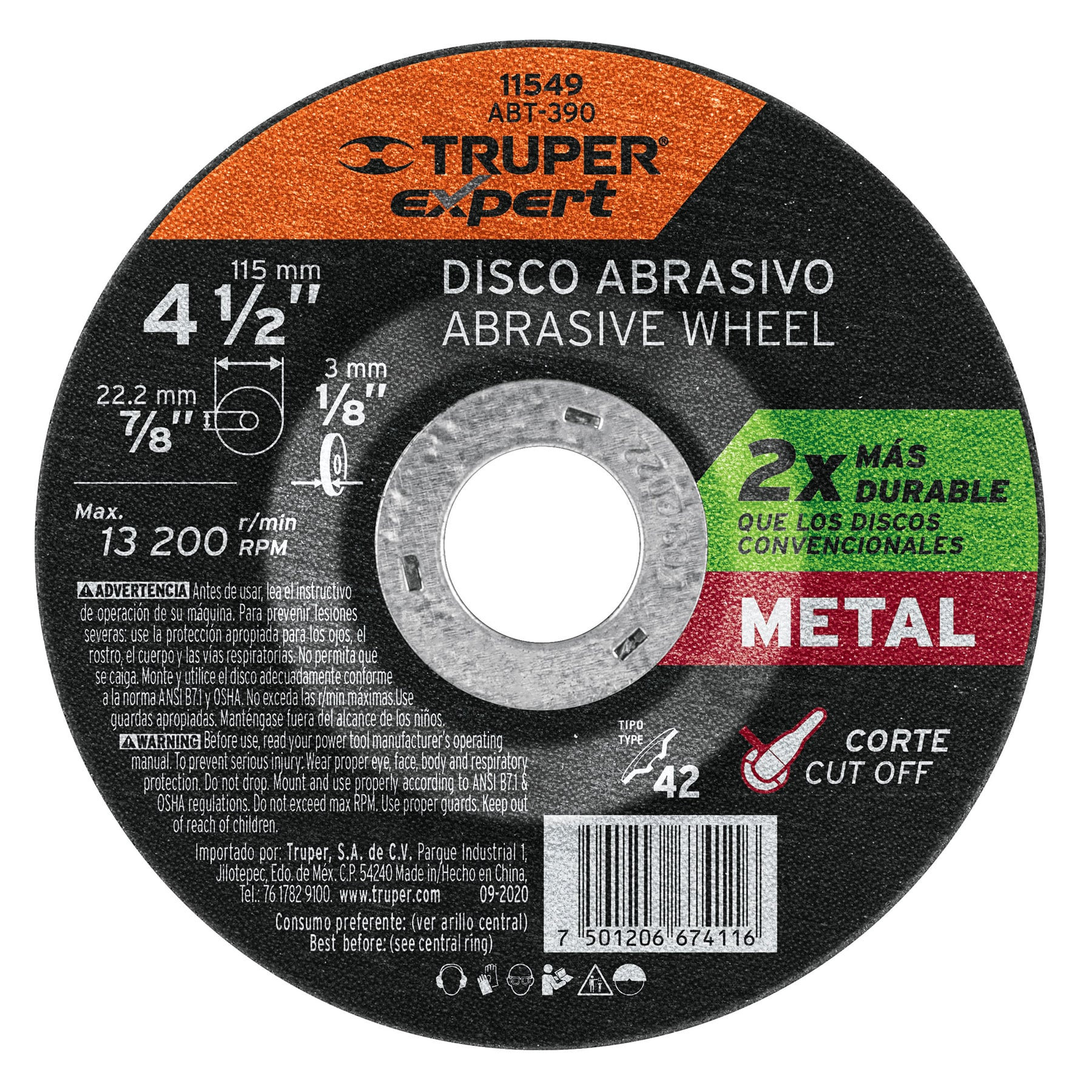 Disco Tipo 42 de 4-1/2" x 3.2 mm corte metal, TRUPER EXPERT