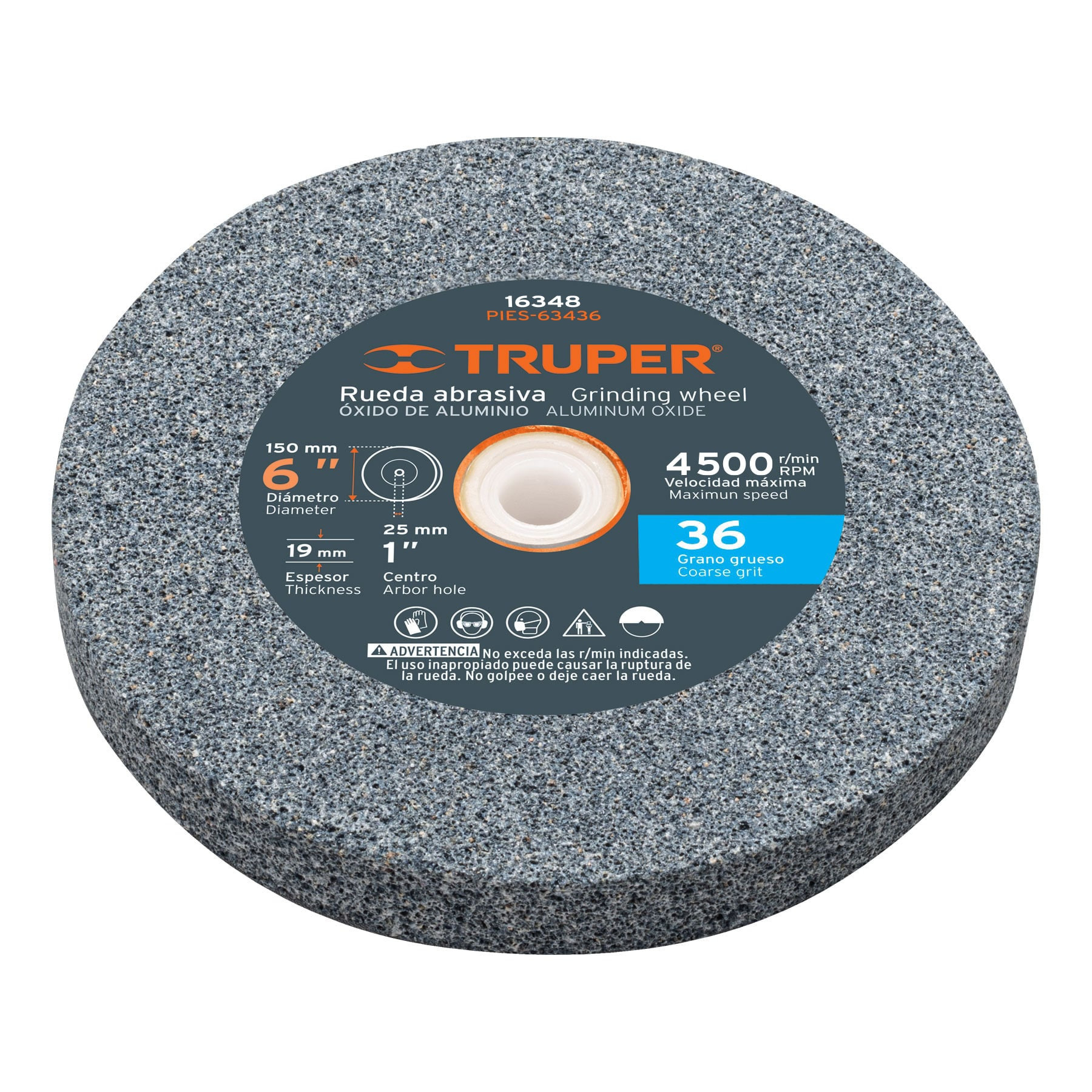 Rueda abrasiva p/esmeril 6"x19mm, óxido aluminio, grano 36