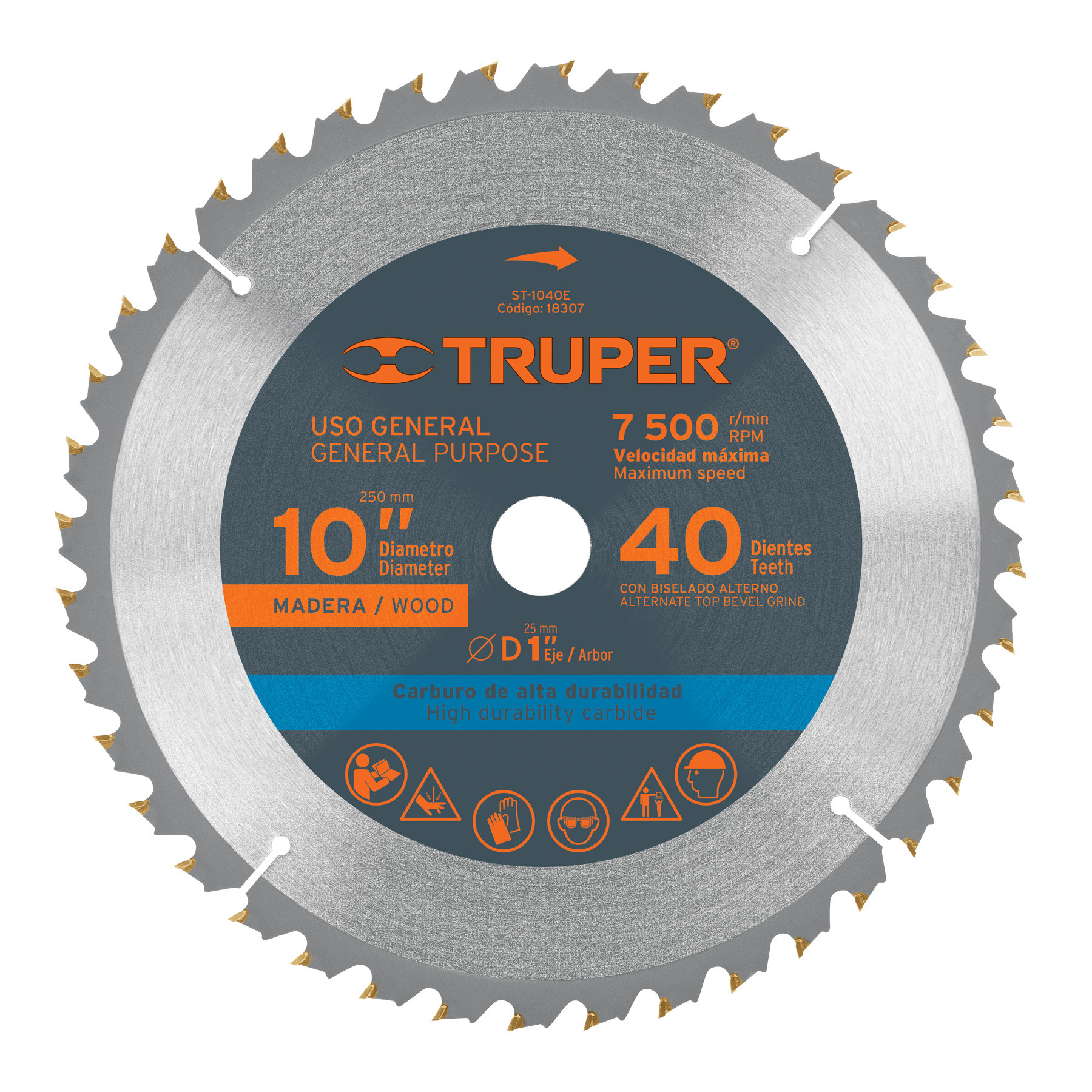 Disco sierra 10" para madera, 40 dientes centro 1", TRUPER