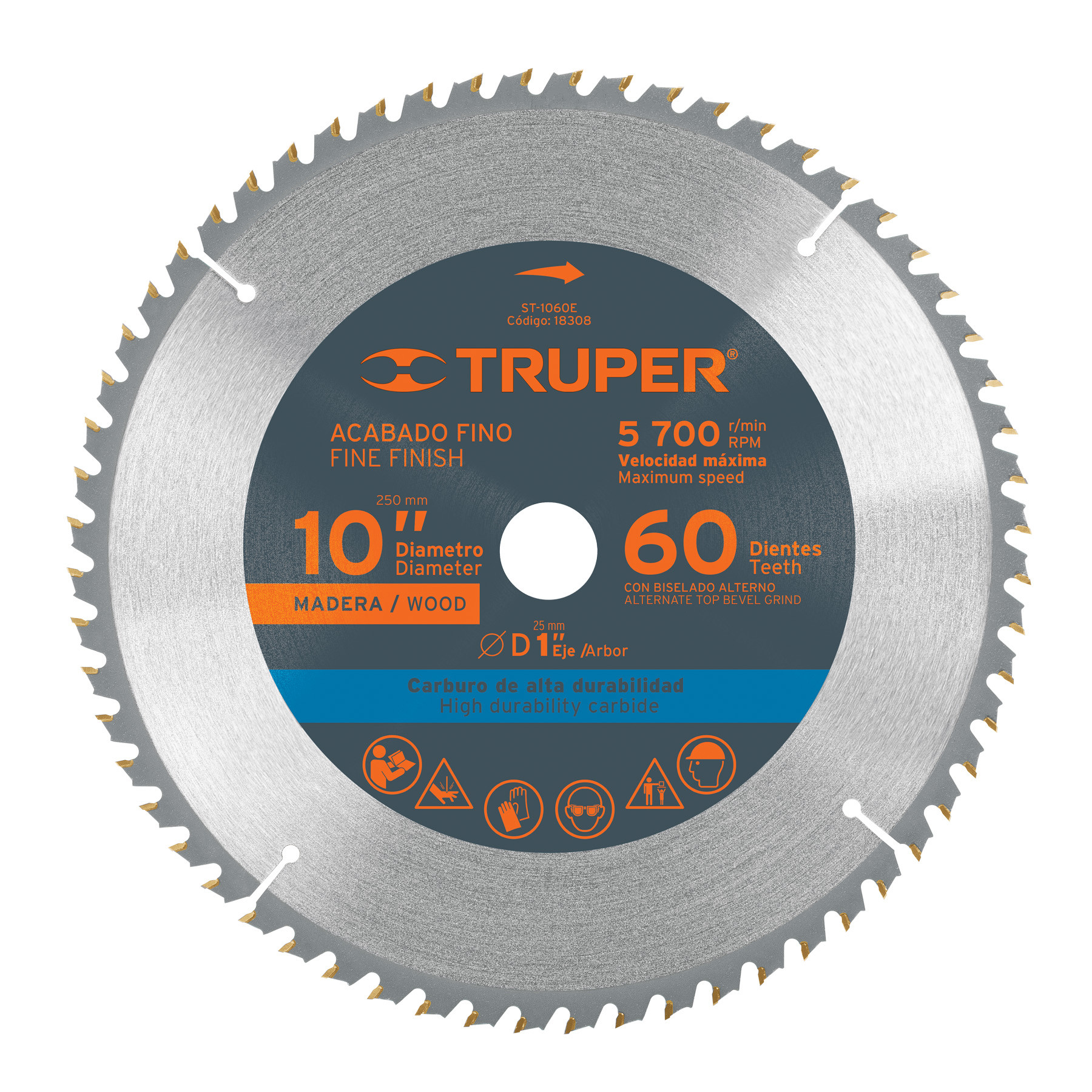 Disco sierra 10" para madera, 60 dientes centro 1", TRUPER