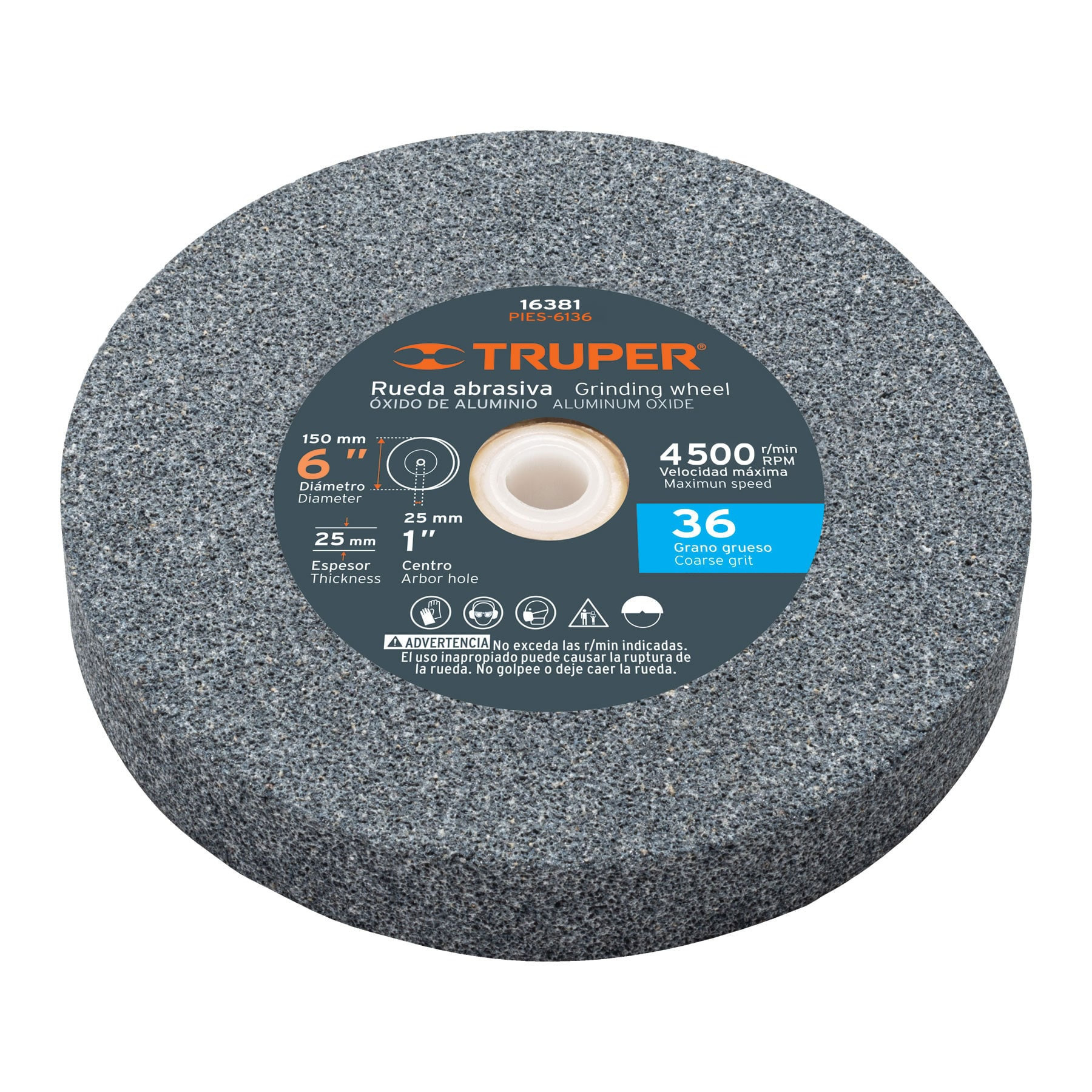 Rueda abrasiva p/esmeril 6"x25mm, óxido aluminio, grano 36
