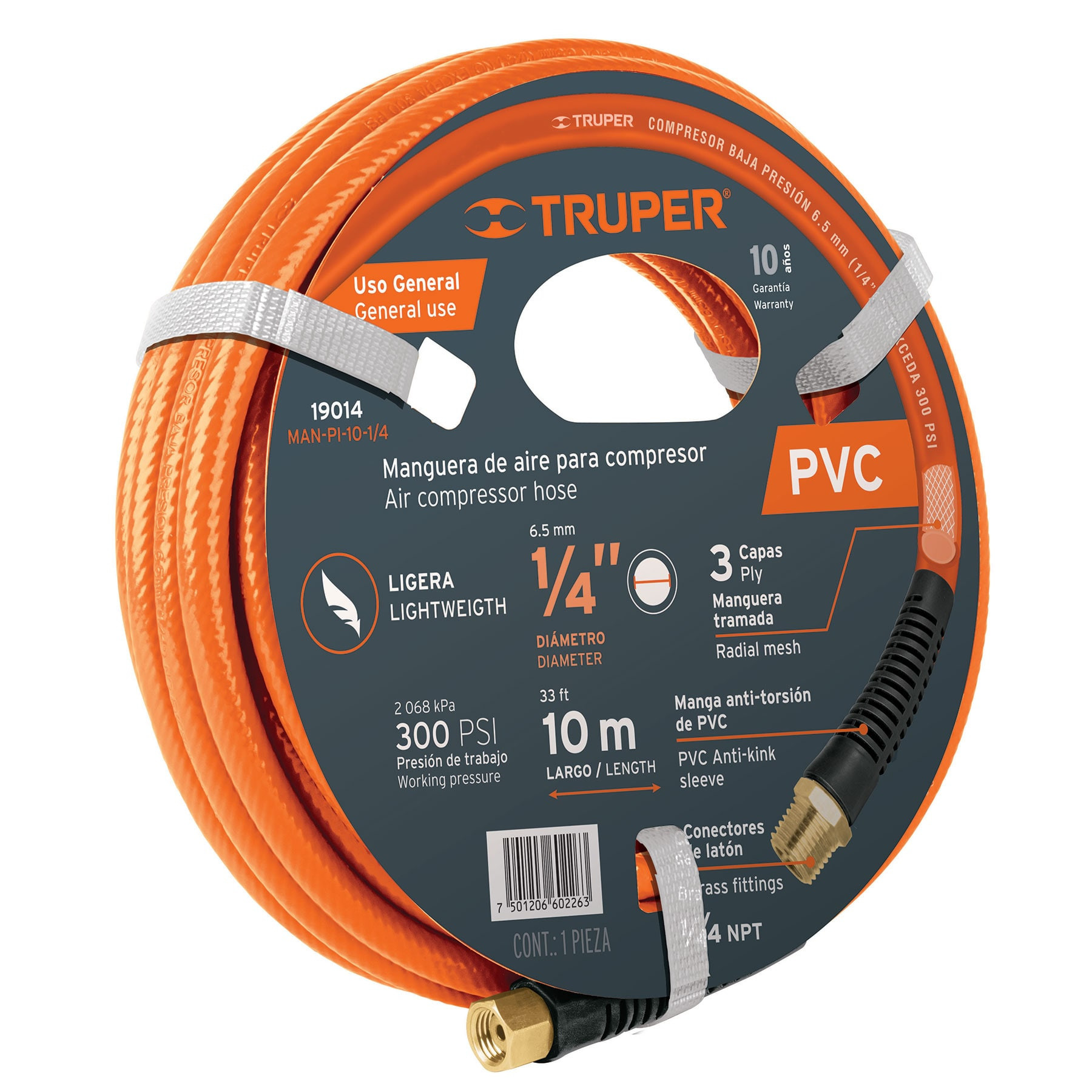 Manguera para compresor, de PVC, 10m x 1/4", TRUPER