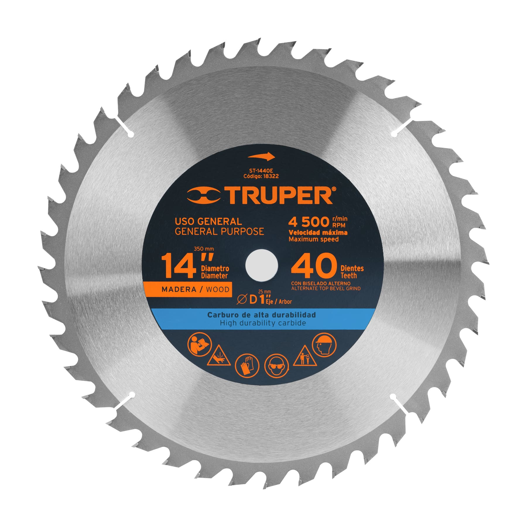 Disco sierra 14" para madera, 40 dientes centro 1", TRUPER