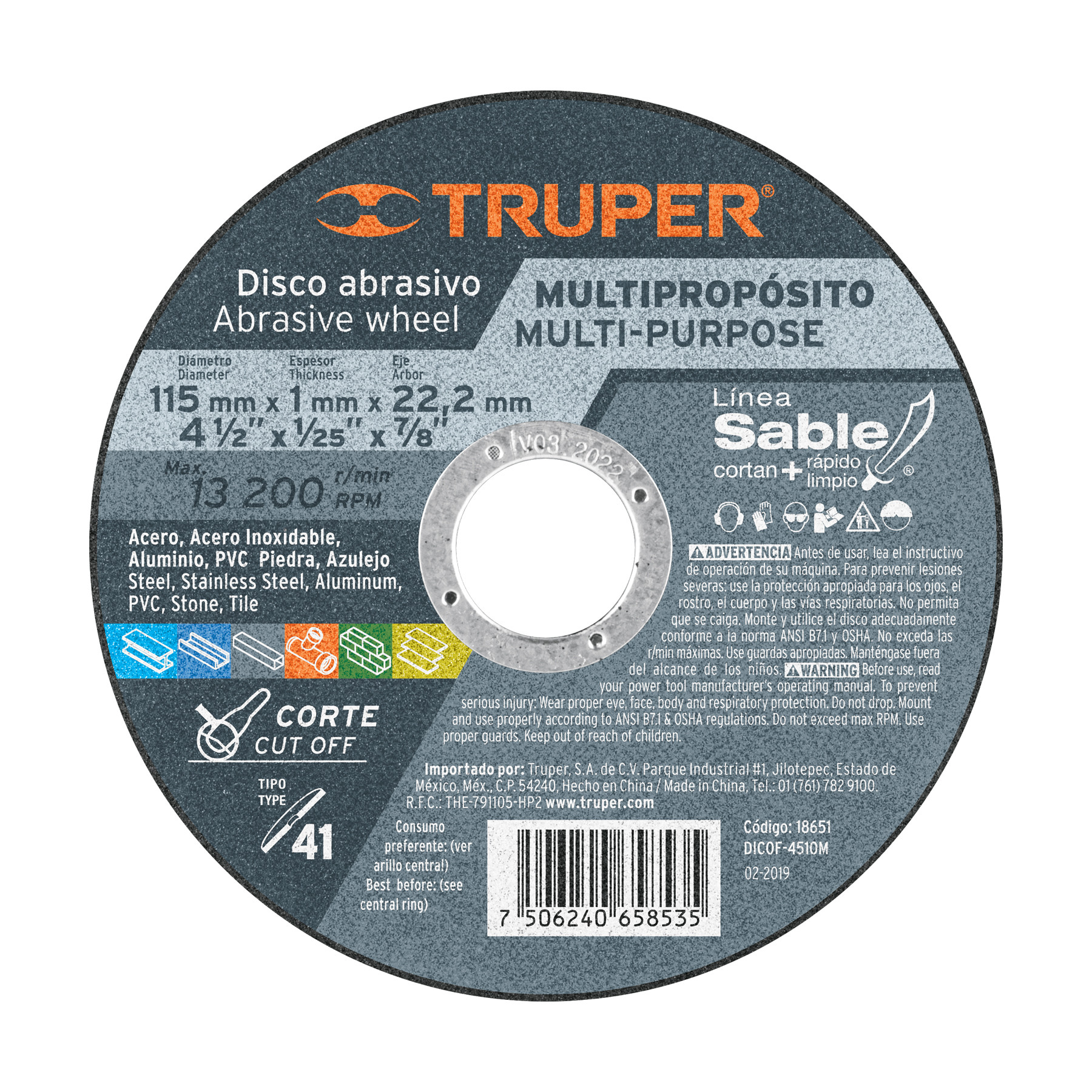 Disco abrasivo de corte preciso multimat 4-1/2" x 1mm TRUPER