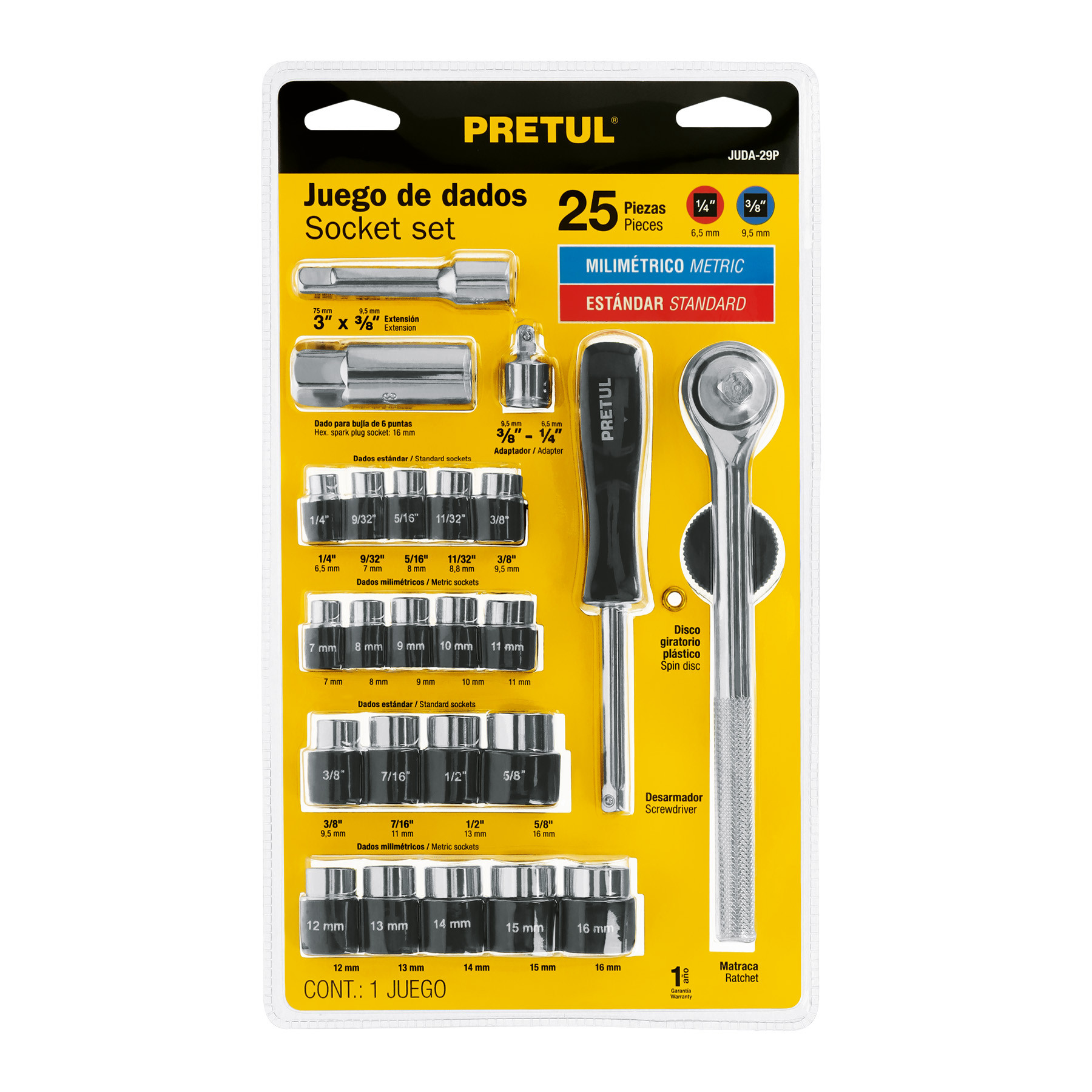 Juego de 25 herramientas 1/4" y 3/8" para mecánico, PRETUL