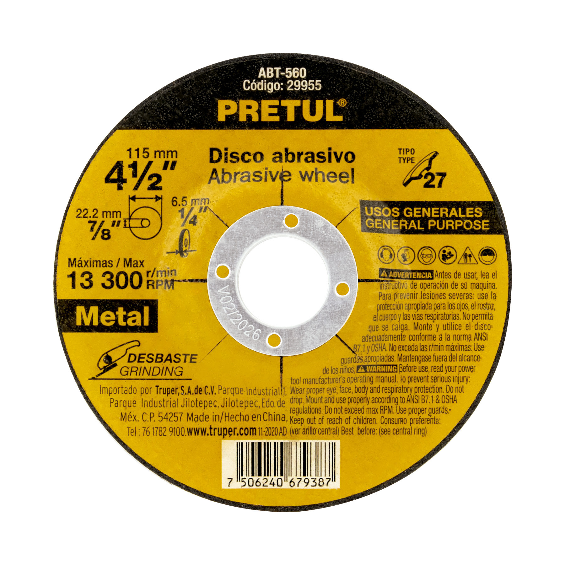 Disco Tipo 27 de 4-1/2" x 6.2 mm desbaste de metal, PRETUL