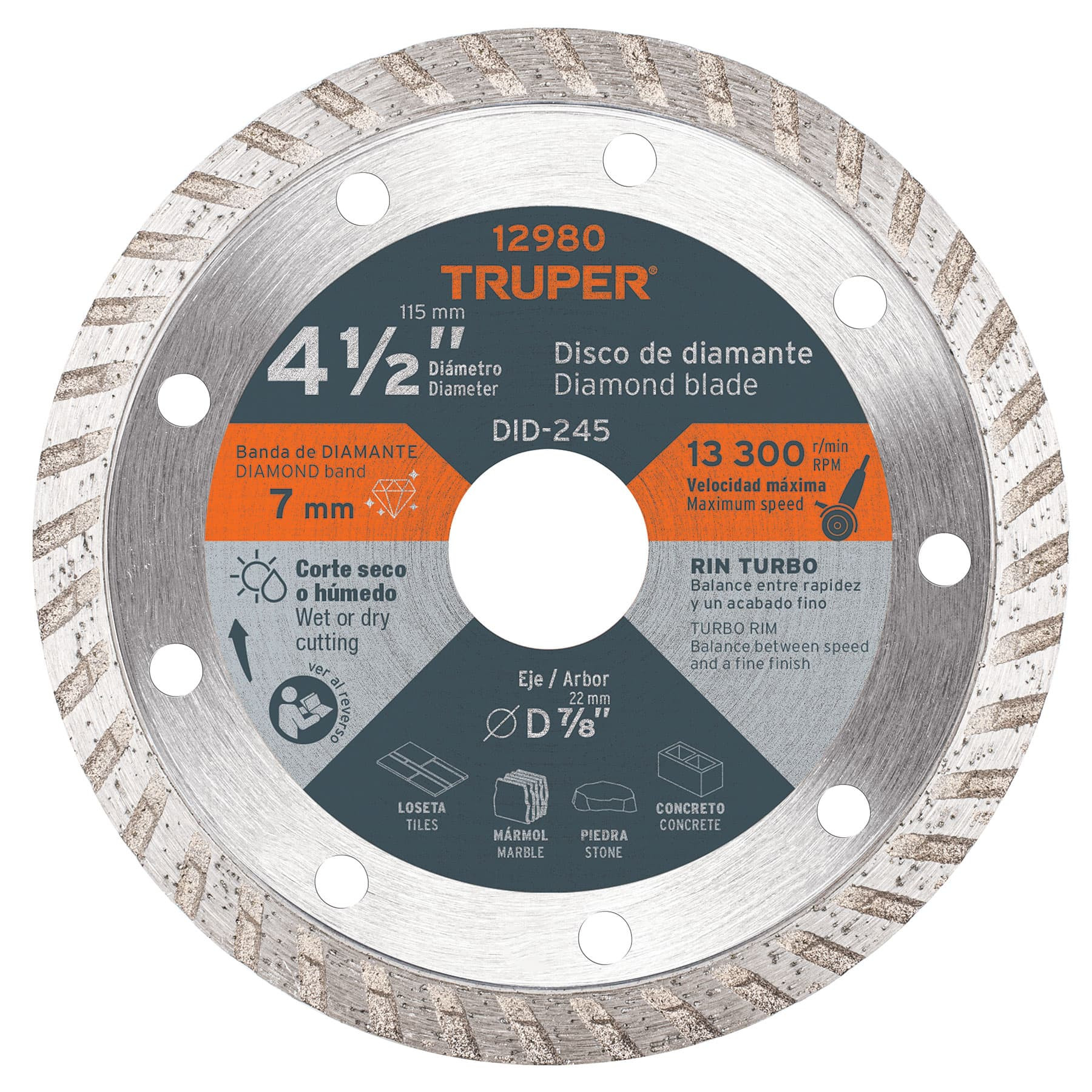 Disco de diamante de 4-1/2" x 2.2 mm, rin turbo, TRUPER