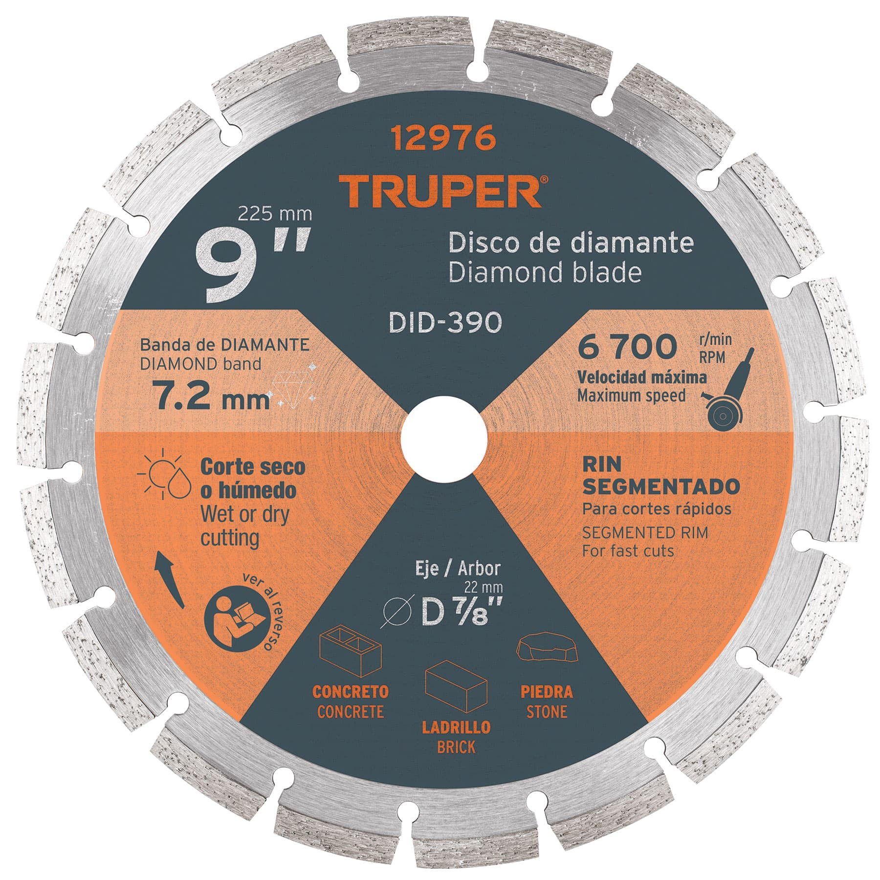 Disco de diamante de 9" x 2.7 mm, rin segmentado, TRUPER