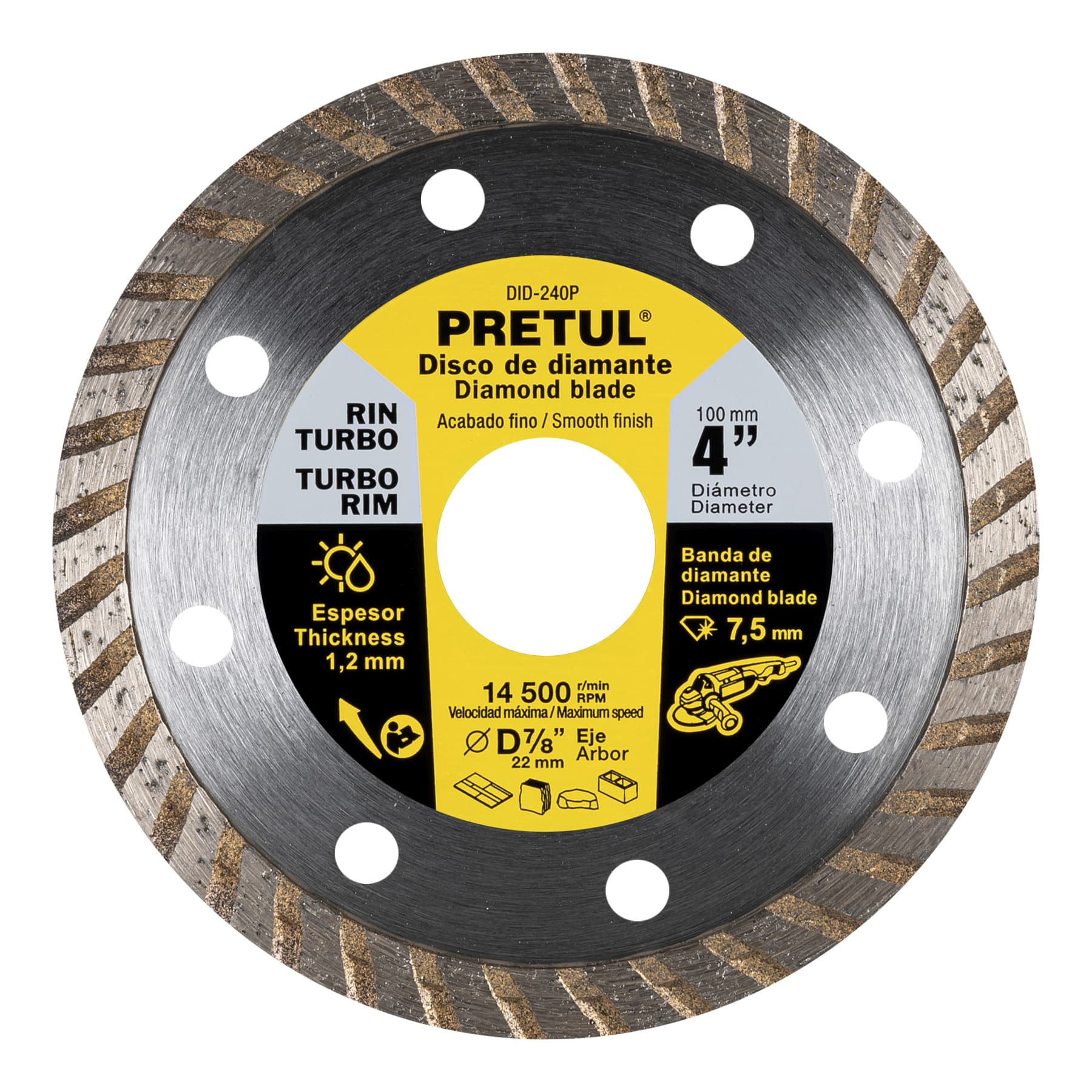 Disco de diamante de 4" x 1.2 mm, rin turbo, PRETUL