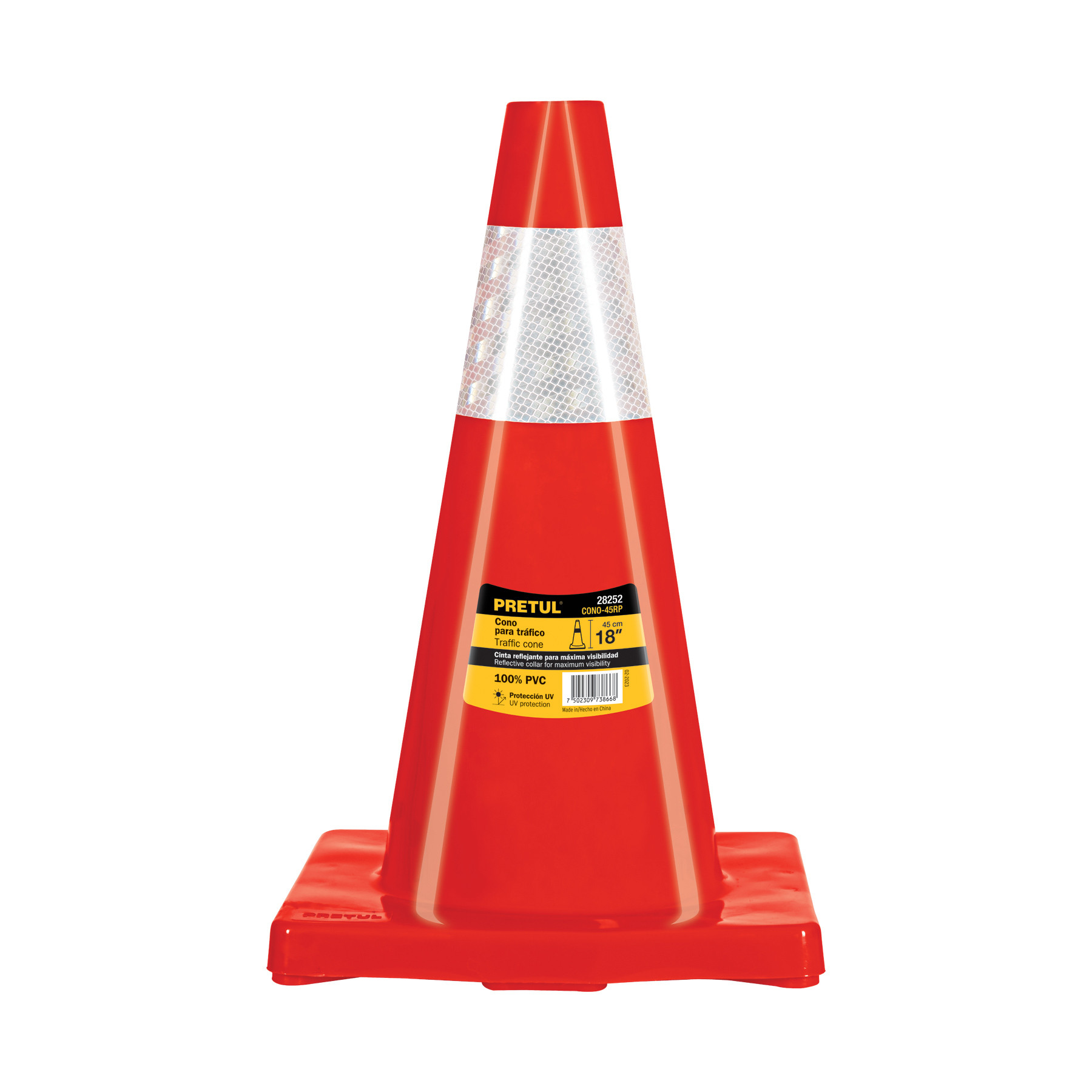 Cono de precaución de 45 cm de PVC con reflejante, PRETUL