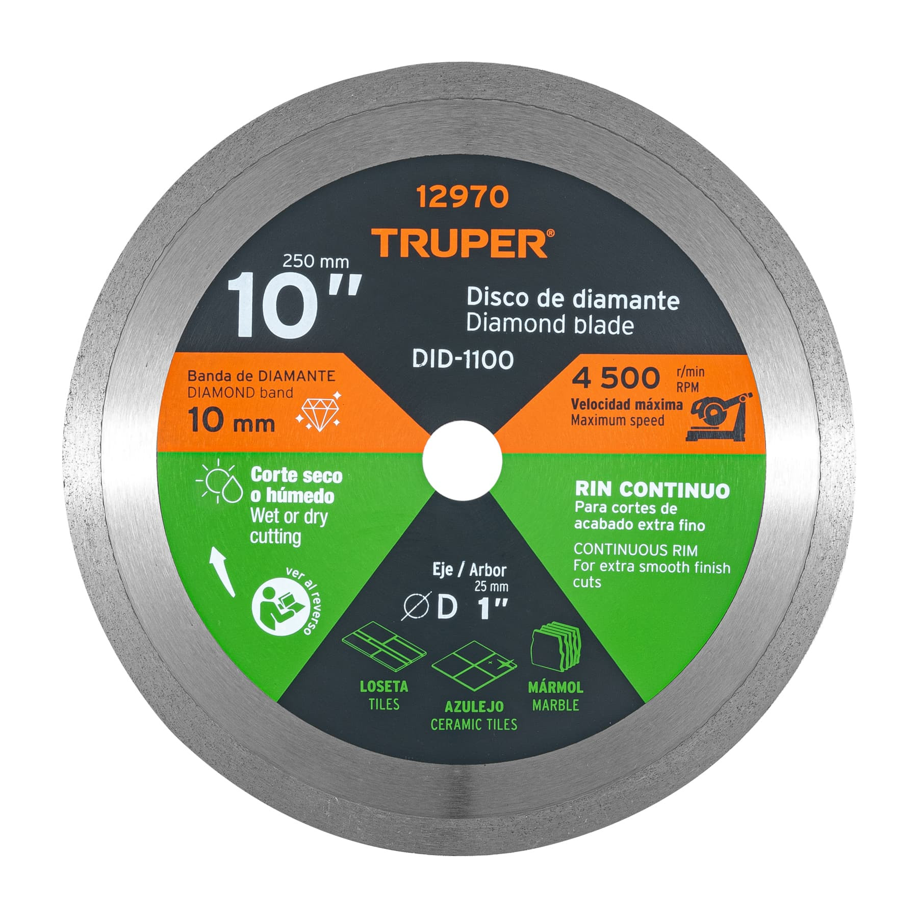 Disco de diamante de 10" x 2.2 mm, rin continuo, TRUPER
