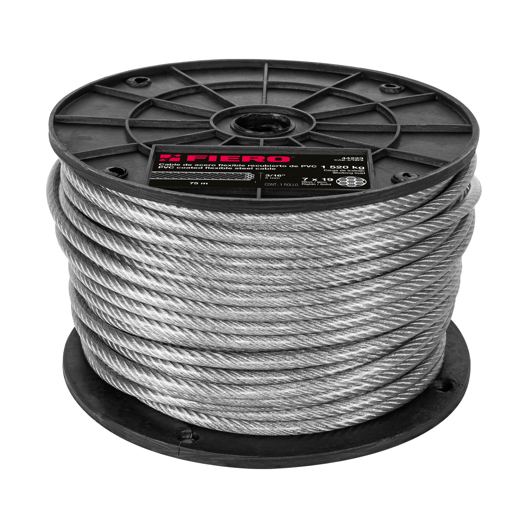 Metro cable flexible 3/16" acero 7x19 recubierto PVC, 75 m