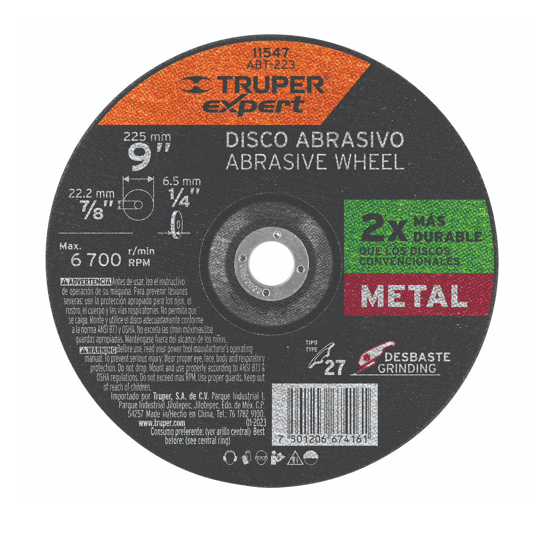 Disco Tipo 27 de 9" x 6.4 mm desbaste de metal, EXPERT