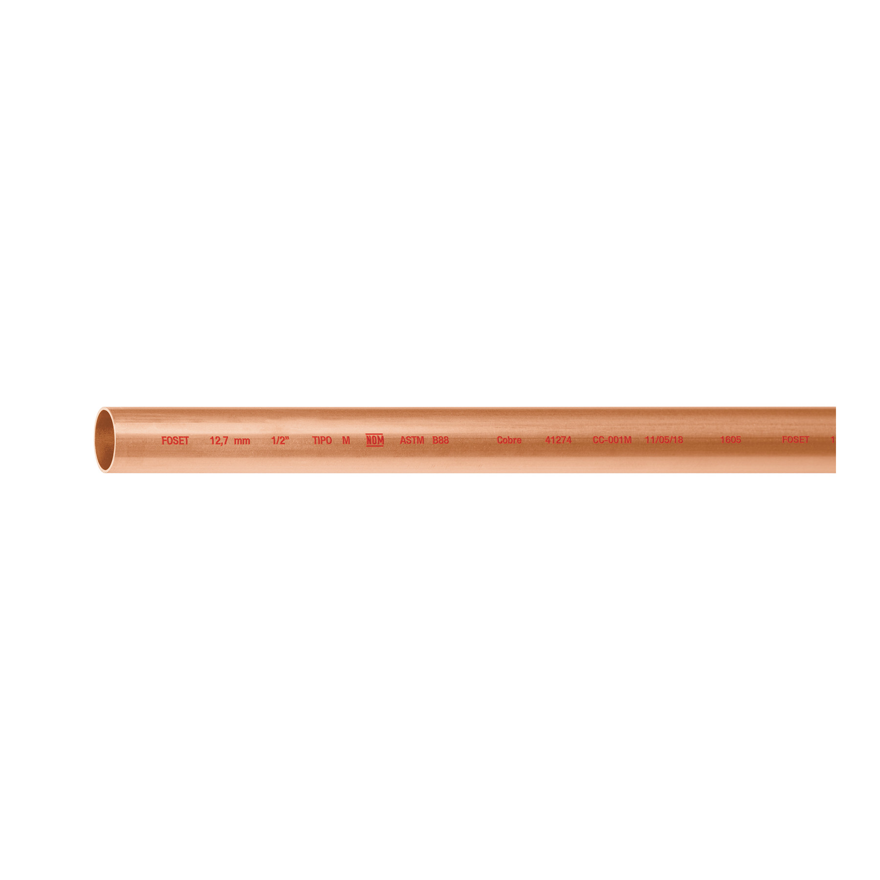 Tubo rígido de cobre 1/2" tipo "M", 3m, 0.9kg, FOSET