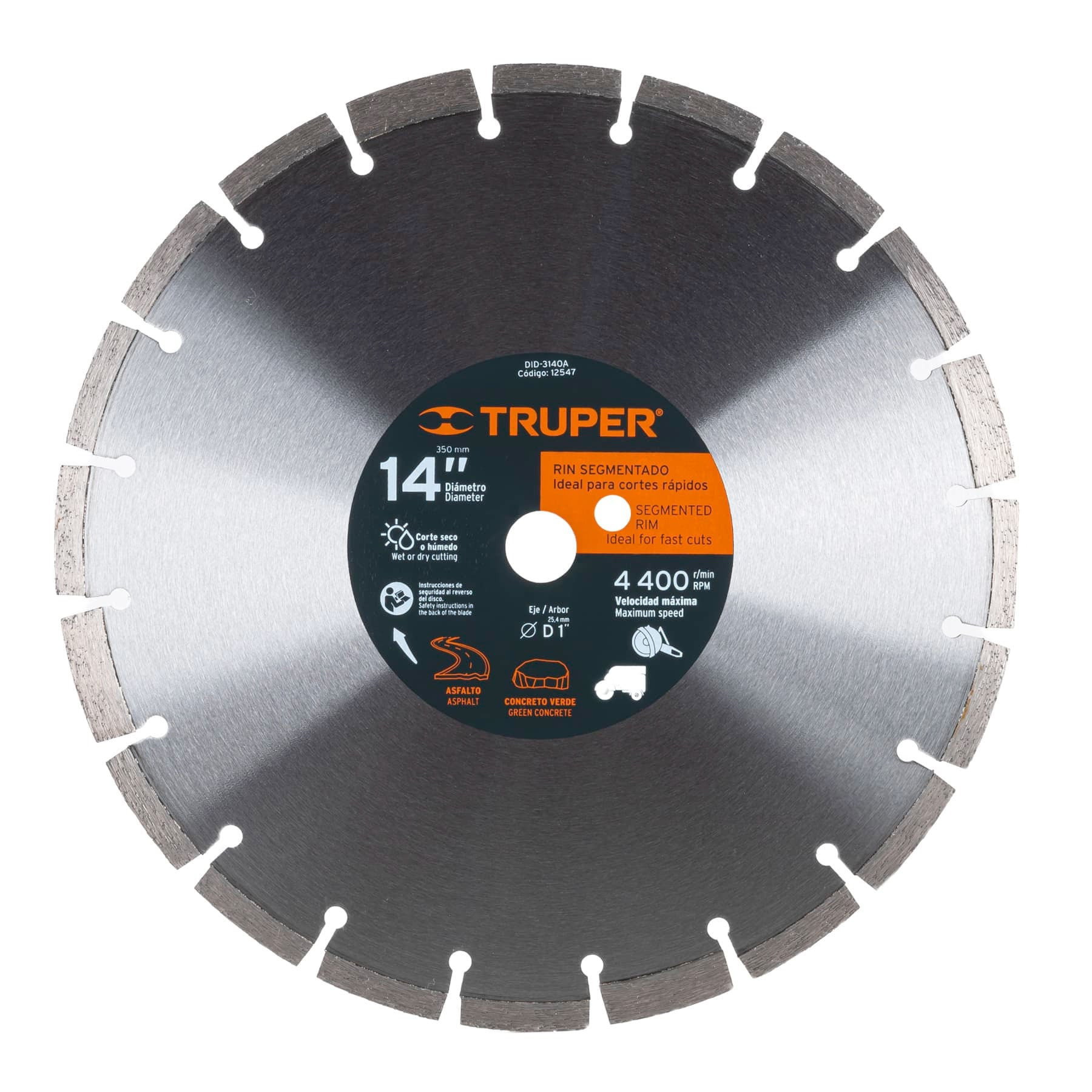 Disco de diamante de 14" x 2.8 mm, corte asfalto y concreto