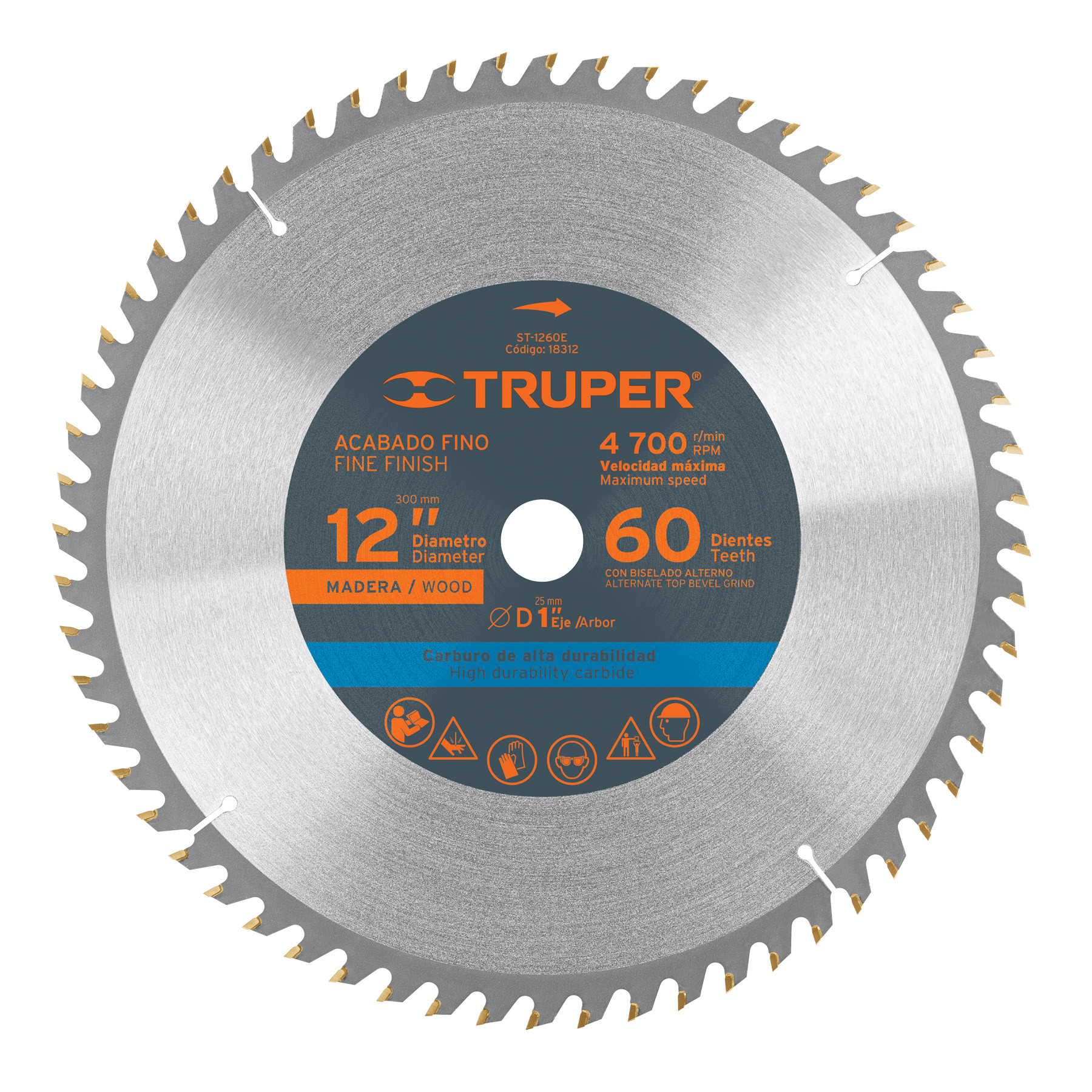 Disco sierra 12" para madera, 60 dientes centro 1", TRUPER