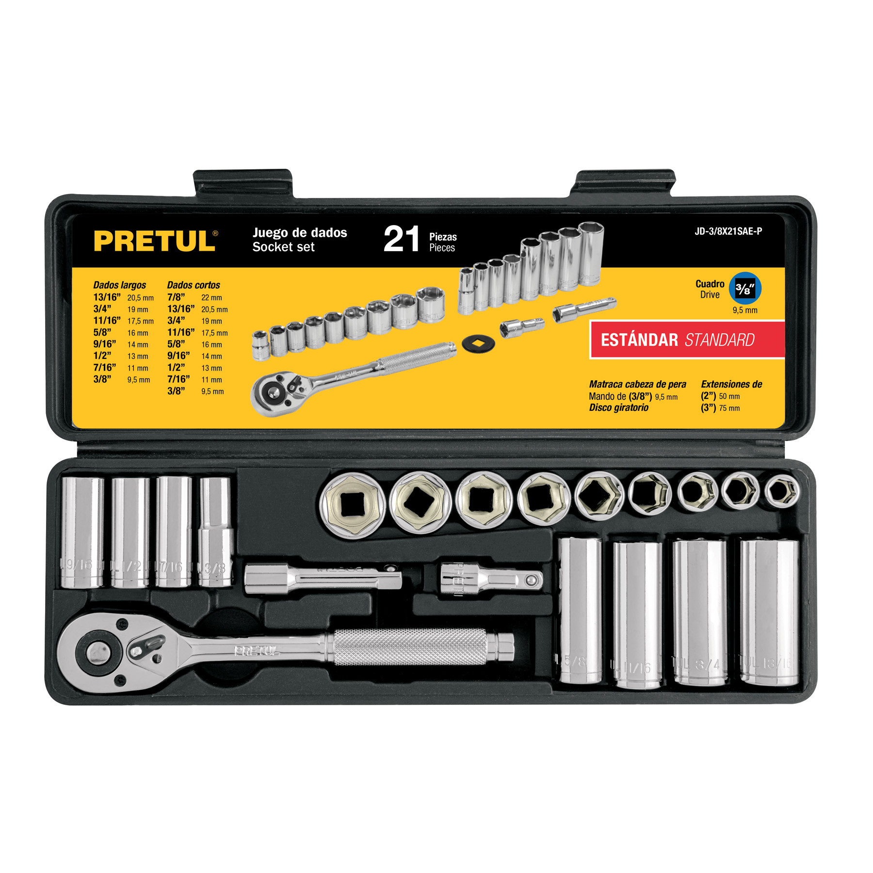 Juego de 21 herramientas 3/8" std para mecánico, PRETUL