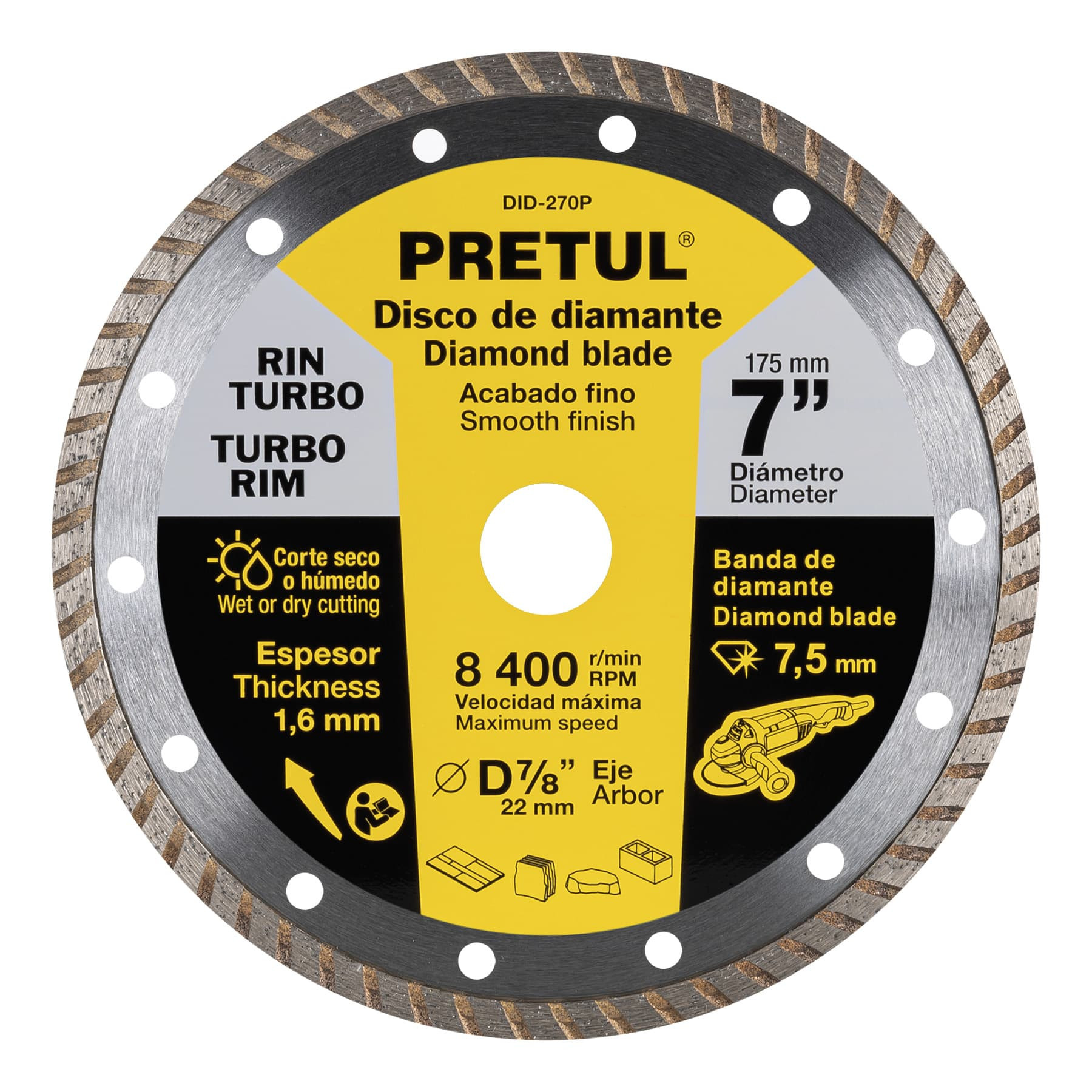 Disco de diamante de 7" x 1.6 mm, rin turbo, PRETUL