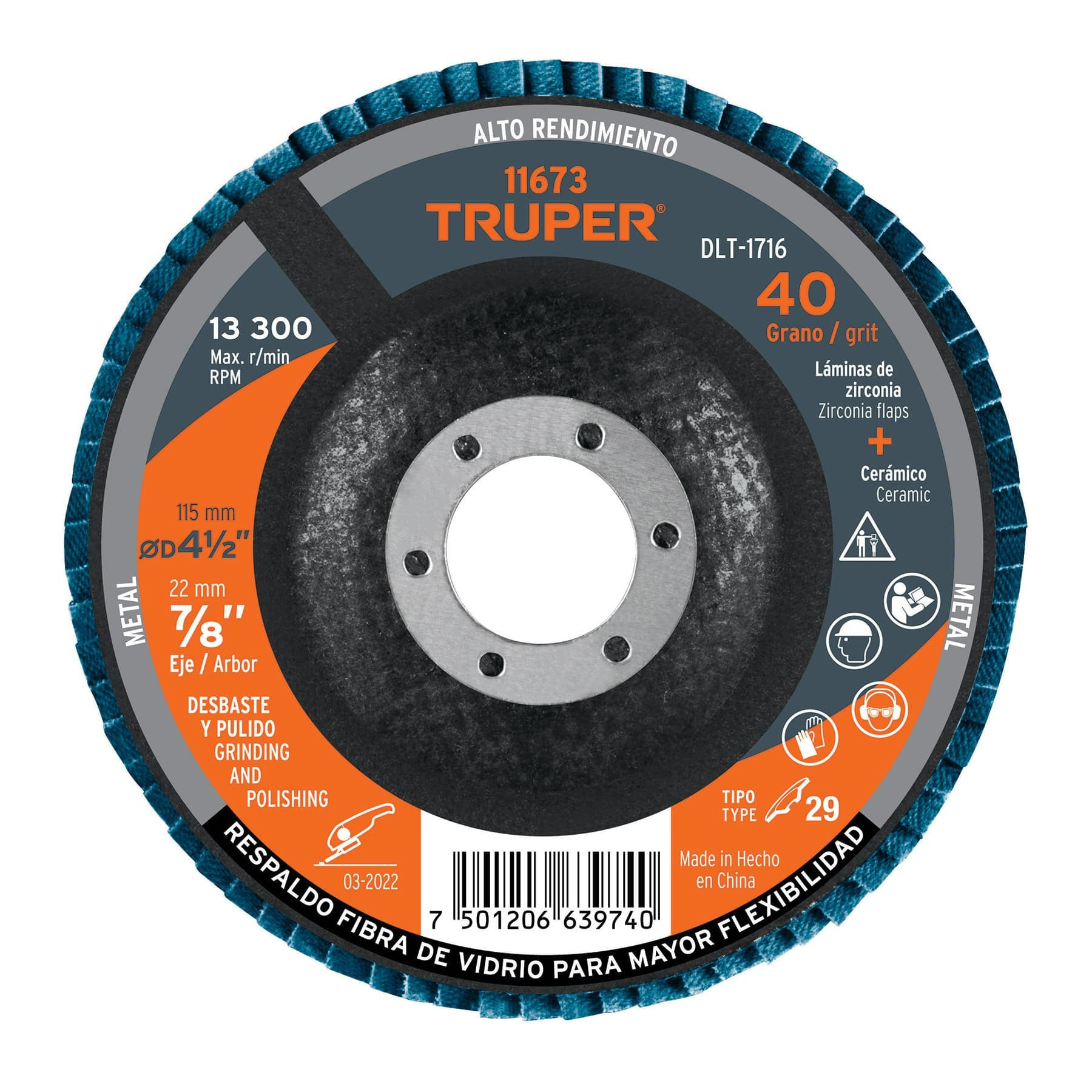 Disco laminado 4-1/2", grano 40 centro 7/8", fibra, TRUPER