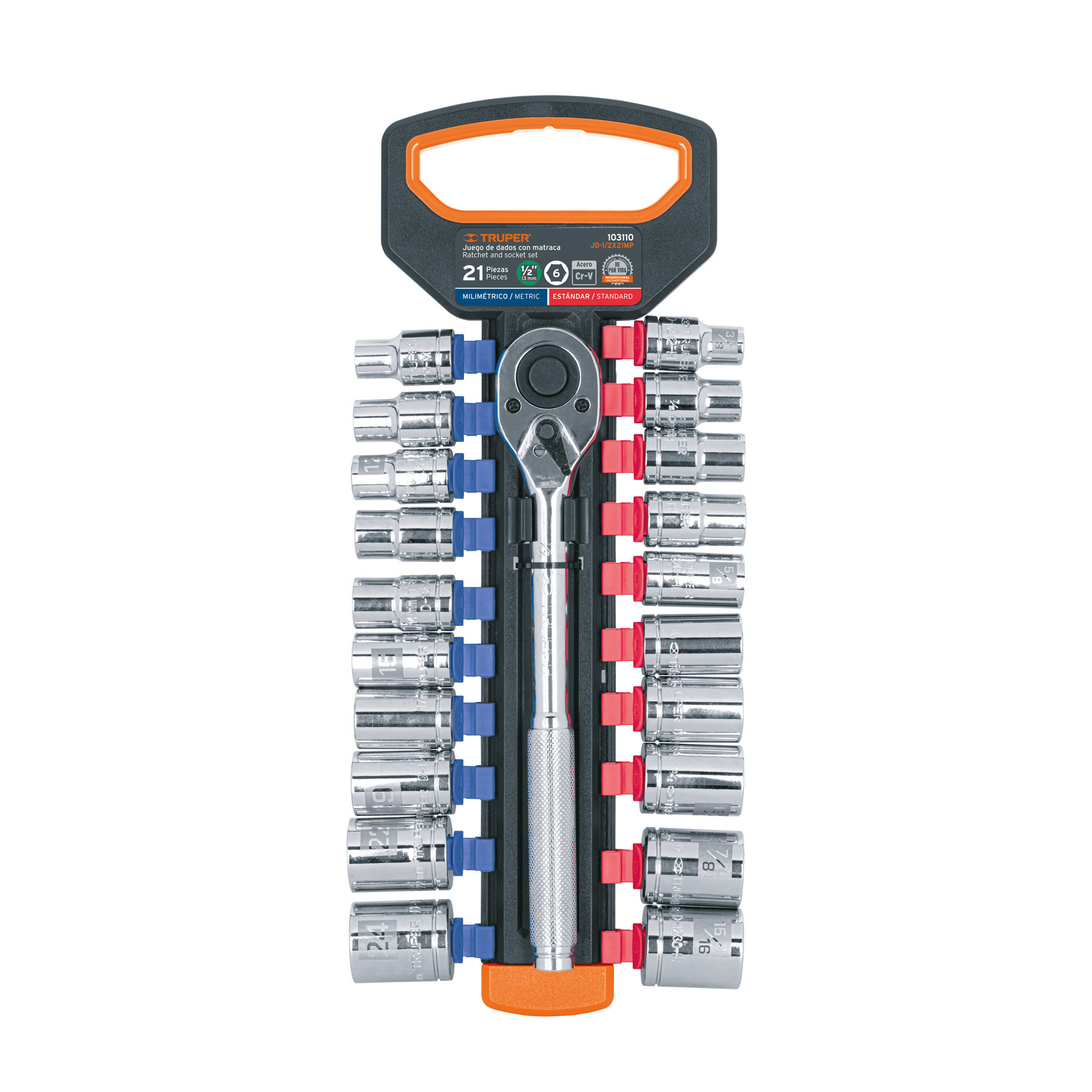 Juego de dados mm y std con matraca, cuadro 1/2", TRUPER