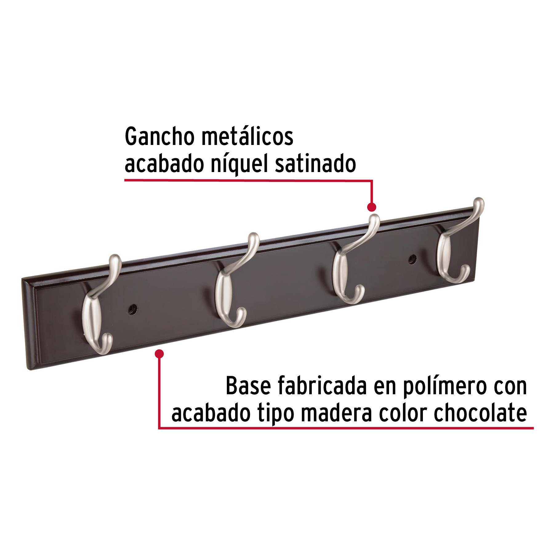 Perchero para pared con 4 ganchos satinados Hermex Ganchos Tipo Perchero 49624