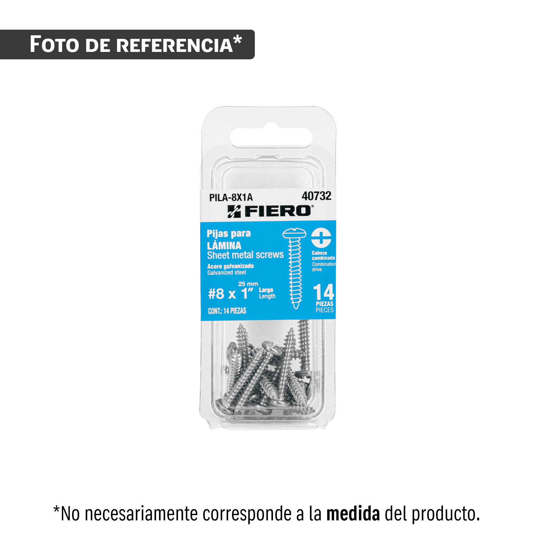 Blíster con 8 pijas para lámina, #8 x 2", FIERO