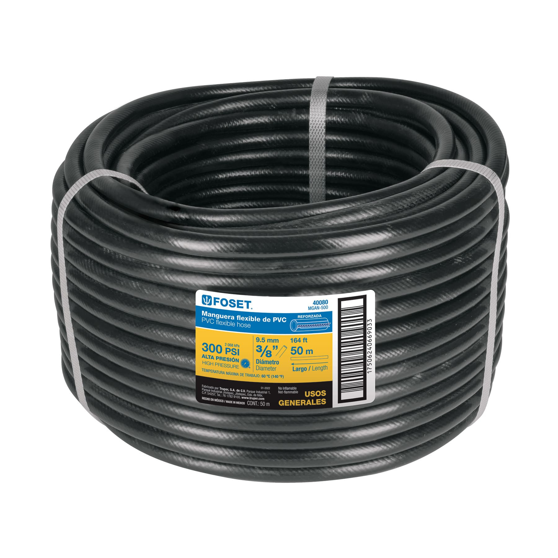 Manguera para gas, PVC negra, 3/8" sin conexión, 50 m, FOSET