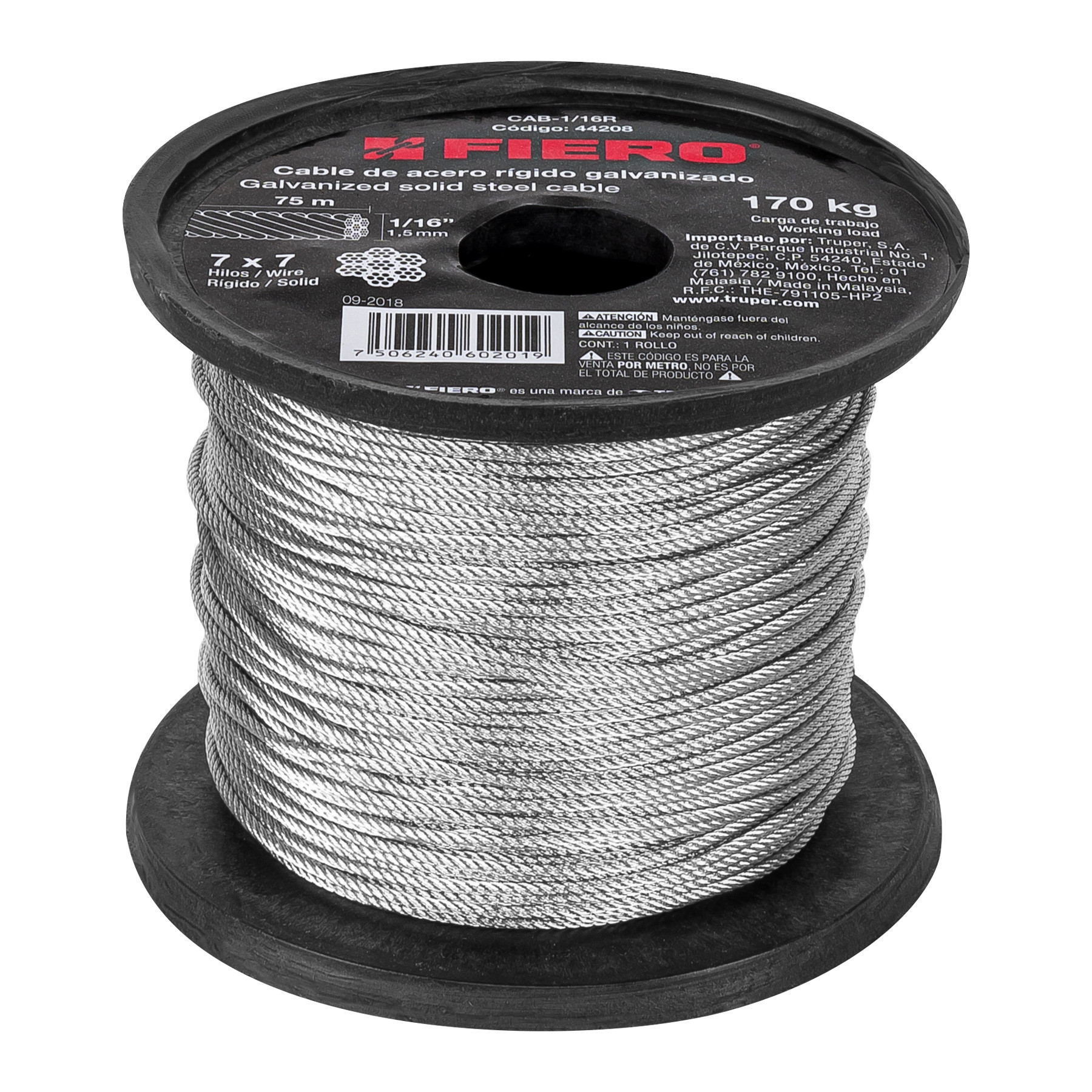 Metro de cable rígido 1/16" de acero 7x7 hilos, 75 m, FIERO