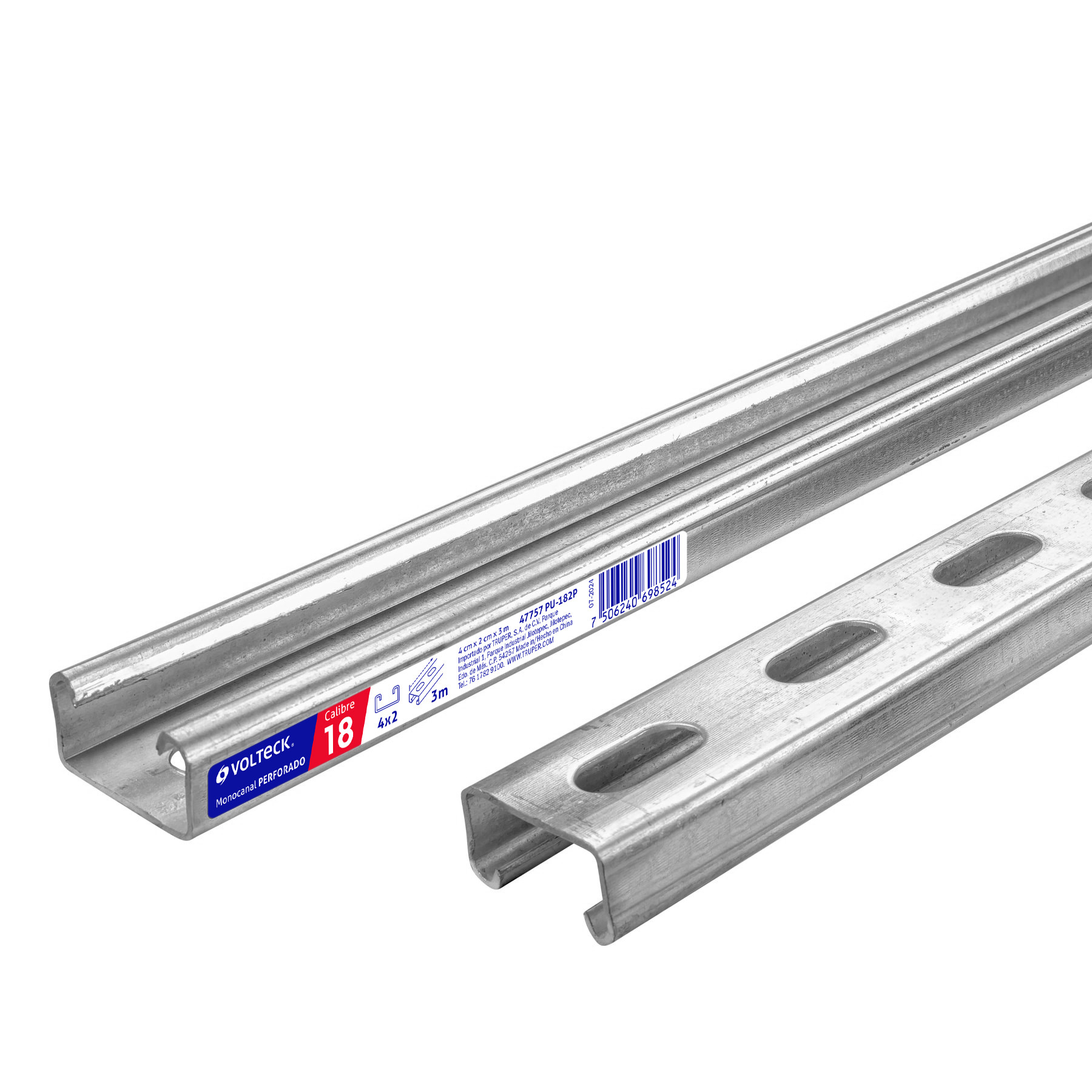 Perfil monocanal perforado de 3 m, 4 x 2 cm cal. 18, VOLTECK