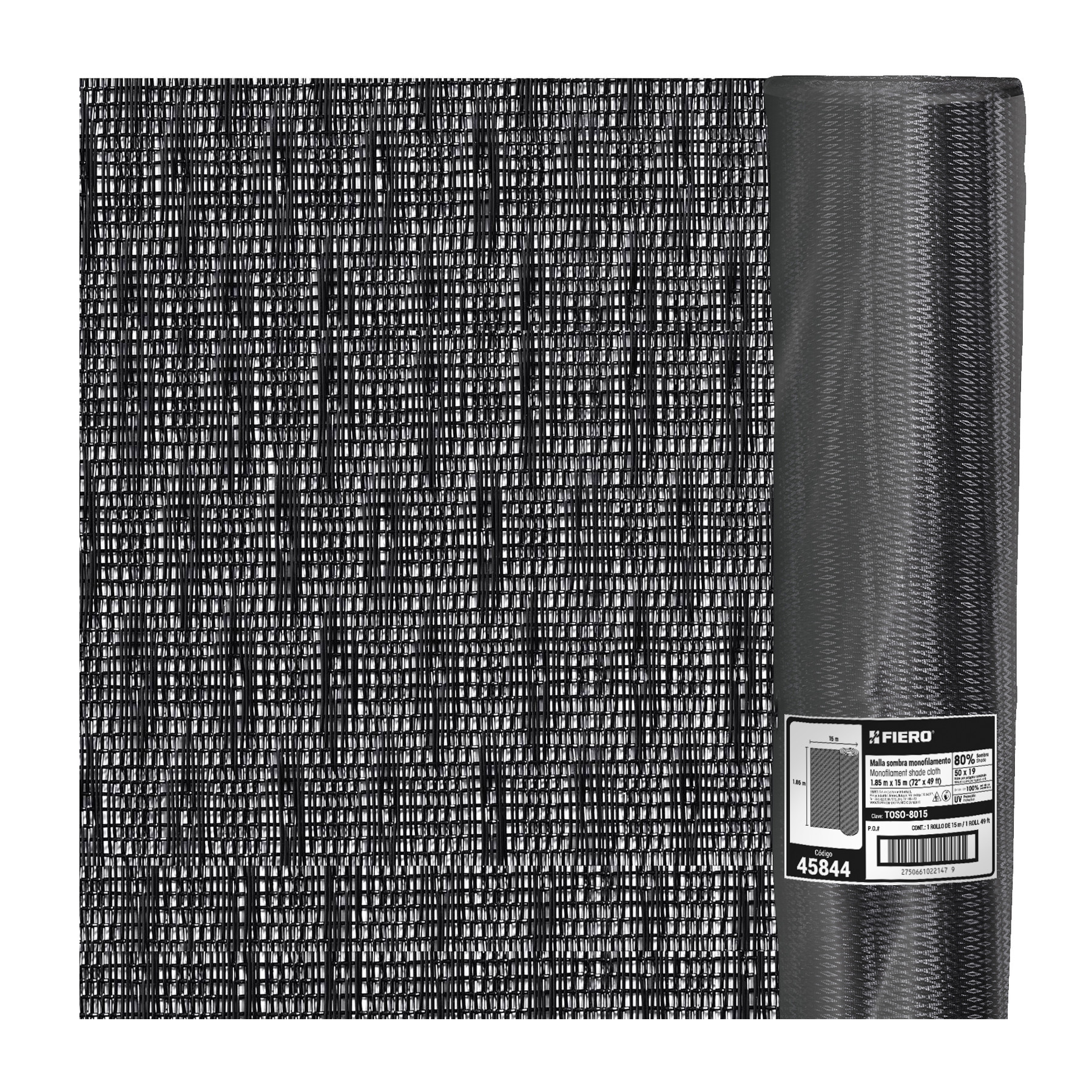 Rollo de malla sombra 80%, monofilamento negro, 1.85m x 15m