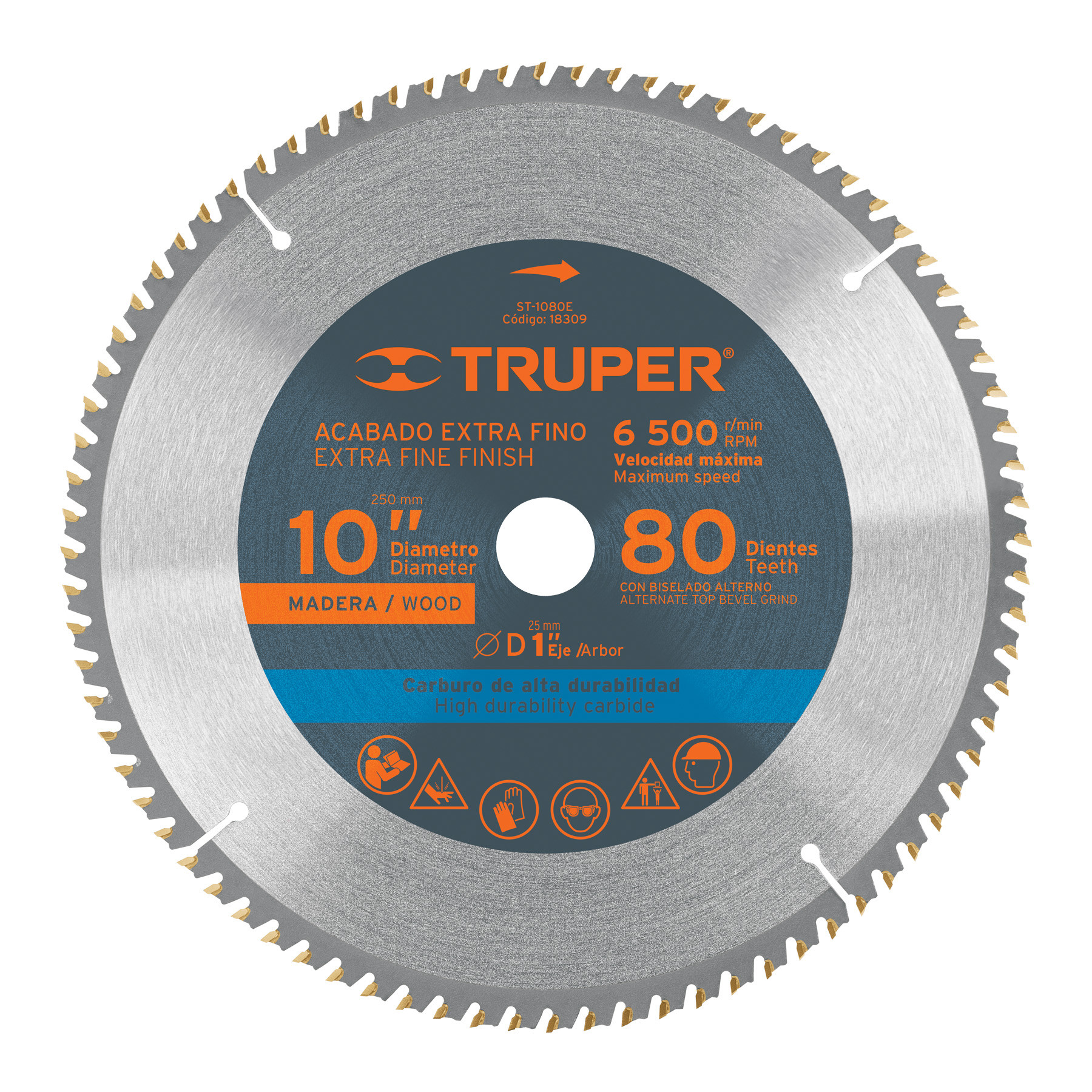 Disco sierra 10" para madera, 80 dientes centro 1", TRUPER