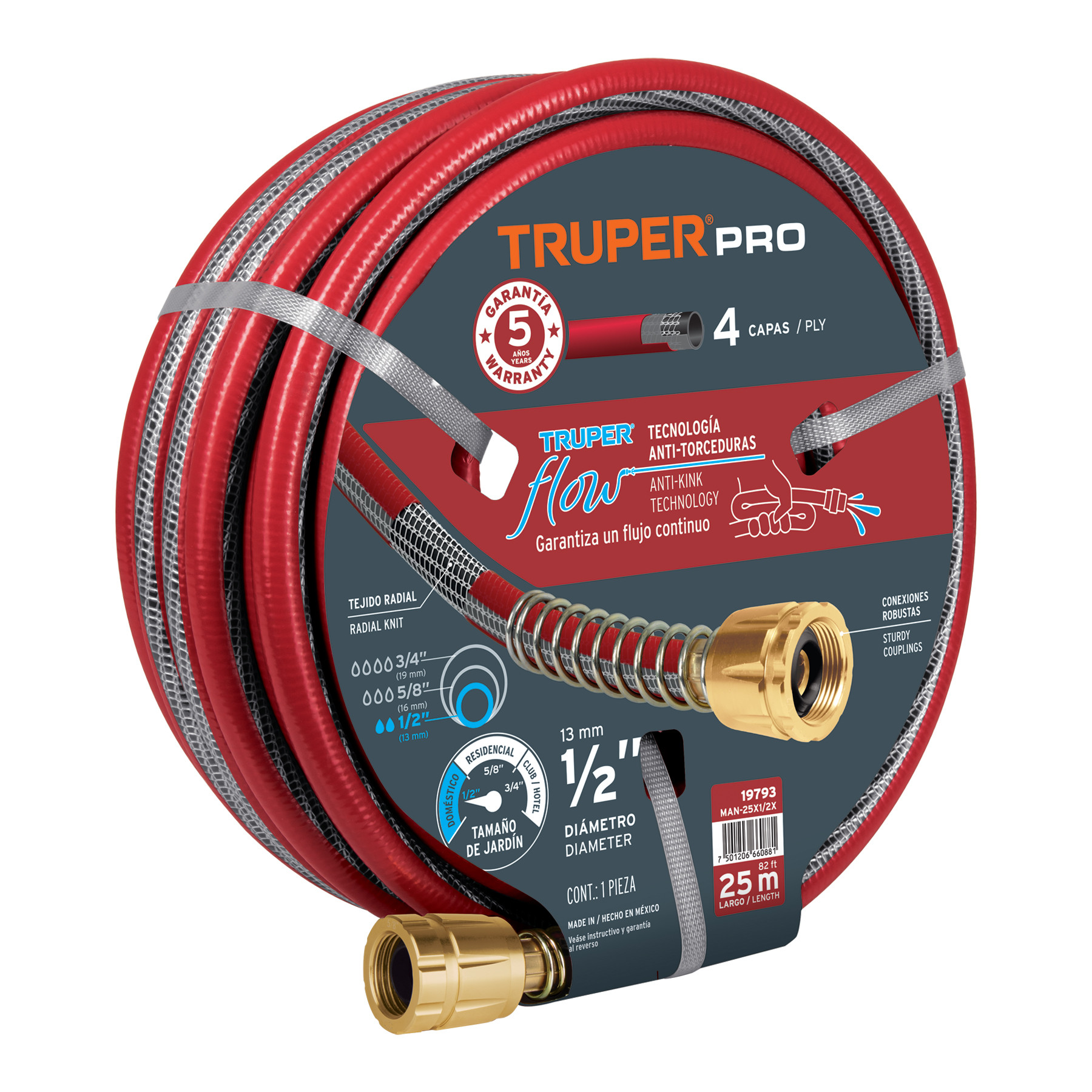 Manguera 1/2" super reforzada 4 capas 25 m conexiones metal