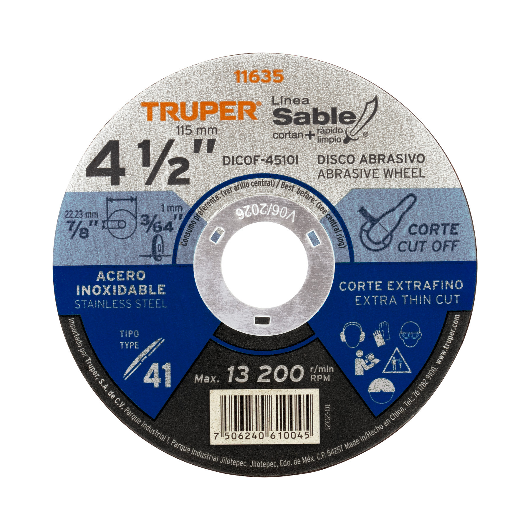 Disco abrasivo de corte preciso acero inox 4-1/2"x1mm TRUPER