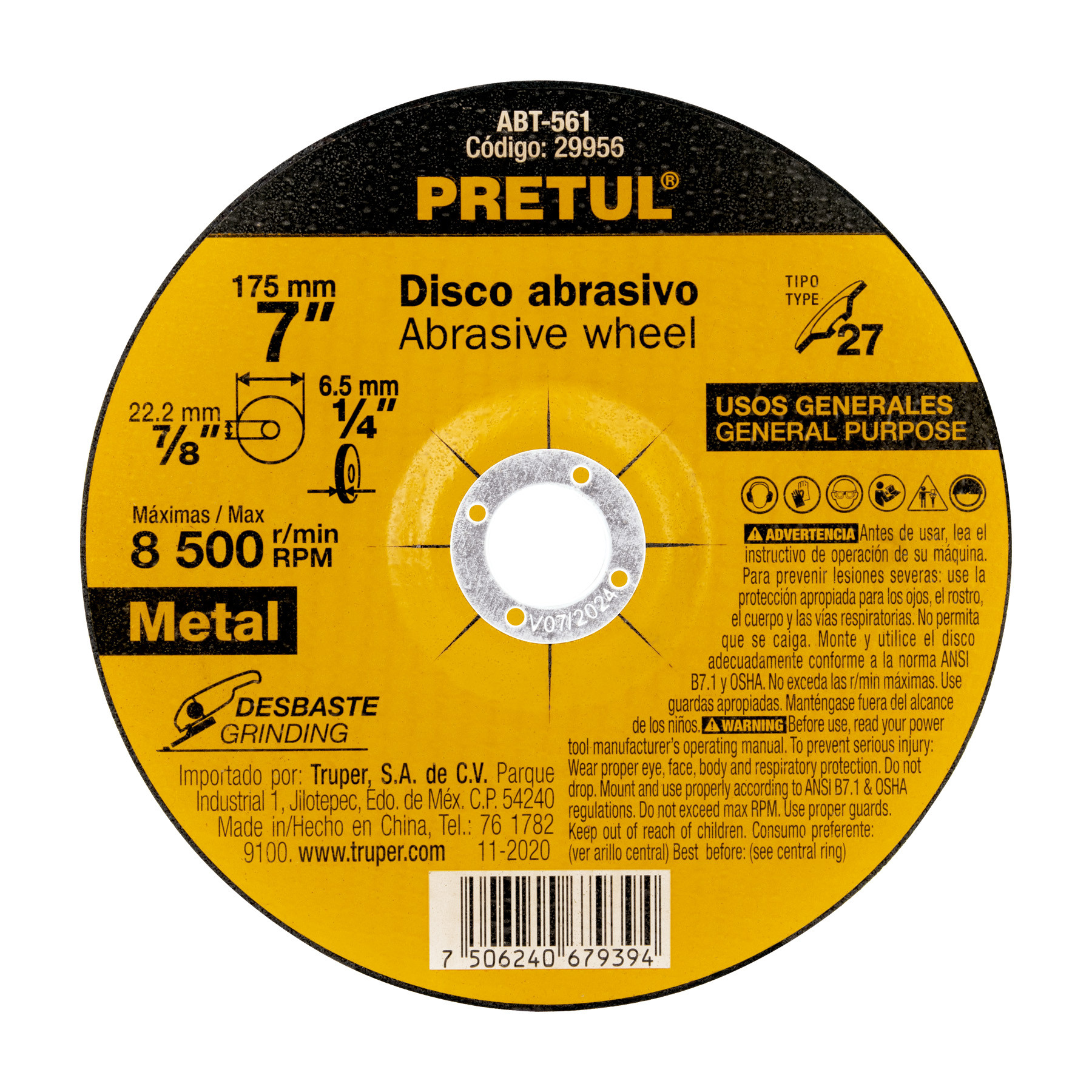 Disco Tipo 27 de 7" x 6.2 mm desbaste de metal, PRETUL