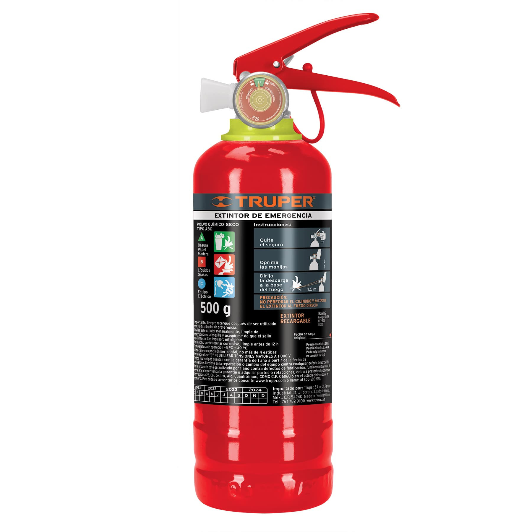 Extintor portátil recargable 0.5 kg, polvo tipo ABC, TRUPER