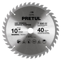 Disco sierra 10" para madera, 40 dientes centro 1", PRETUL